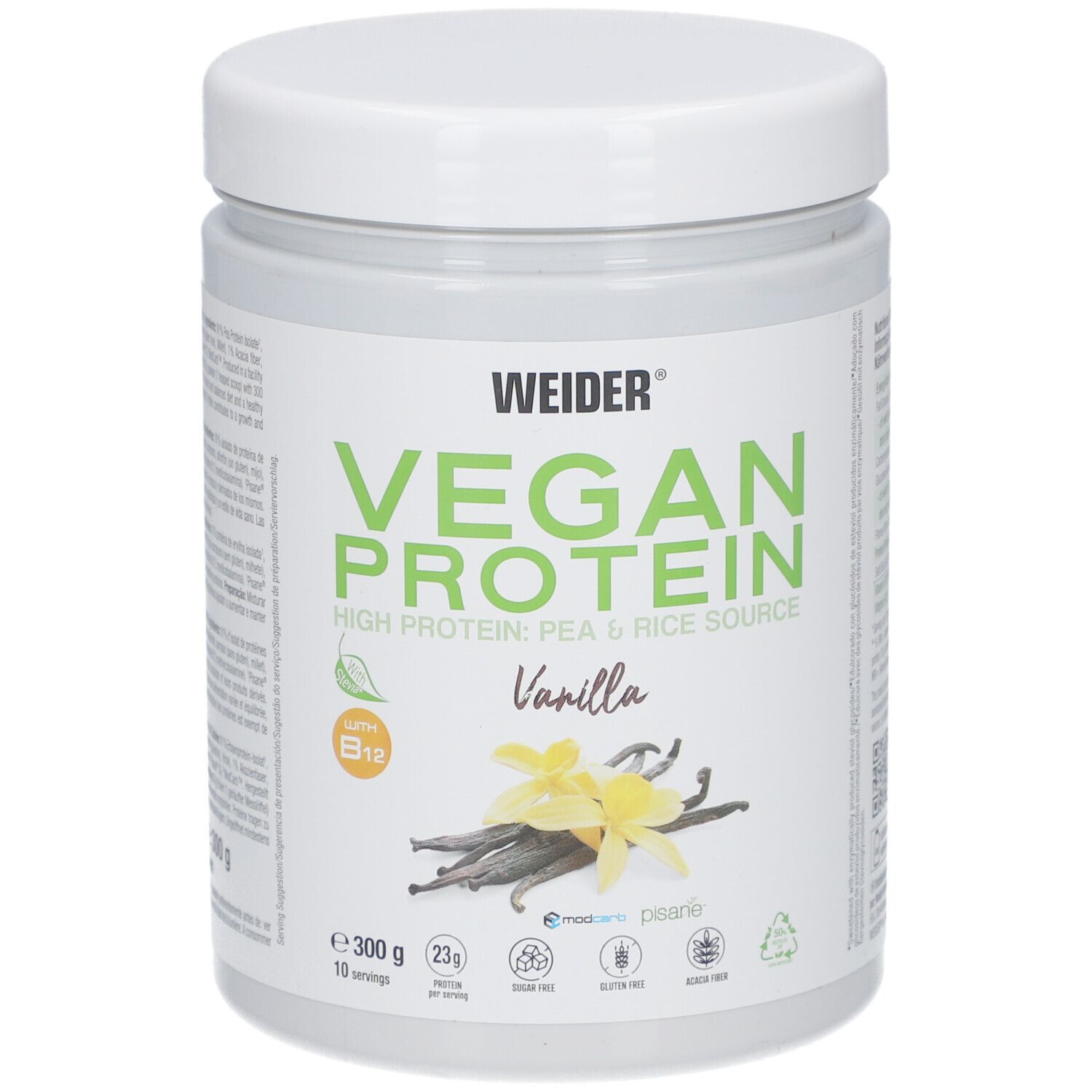 Weider Vegan Protein, 300g Dose. Aufschrift: Vegan Protein, Vanille, Vitamin B12. Mit Vanilleblüten und Schoten.