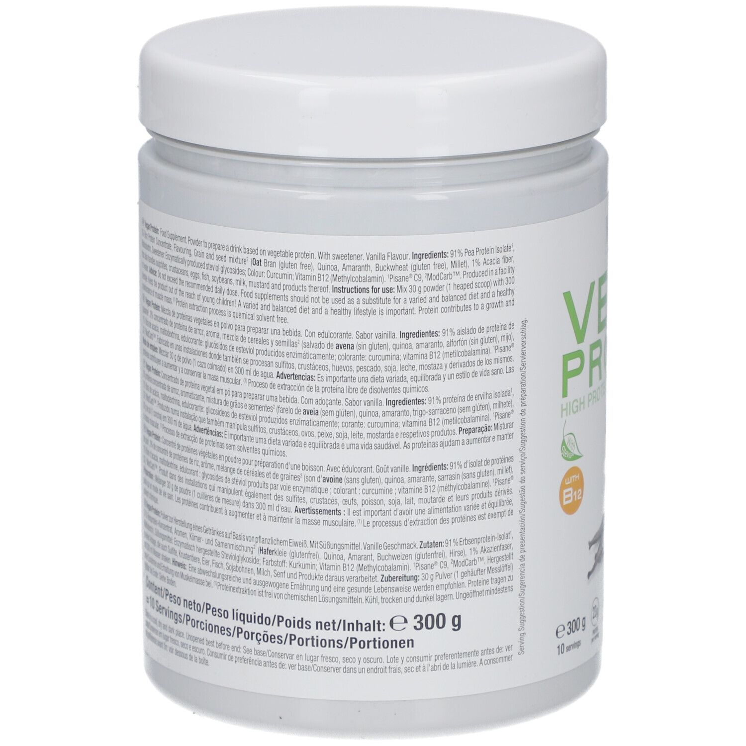 Rückseite der Weider Vegan Protein Dose. Text mit Nährwertangaben und Zutaten. E 300g, 10 Portionen. Vegan.