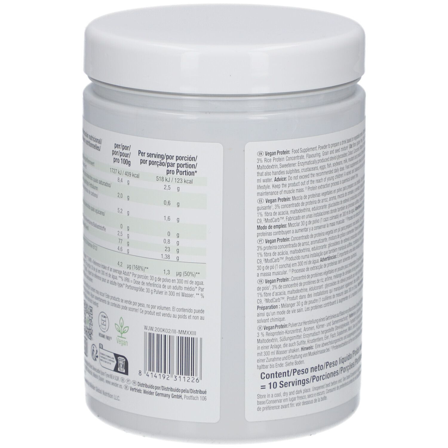 Rückseite der Weider Vegan Protein Dose. Nährwerttabelle pro 100g und pro Portion. E 300g, 10 Portionen. Vegan.
