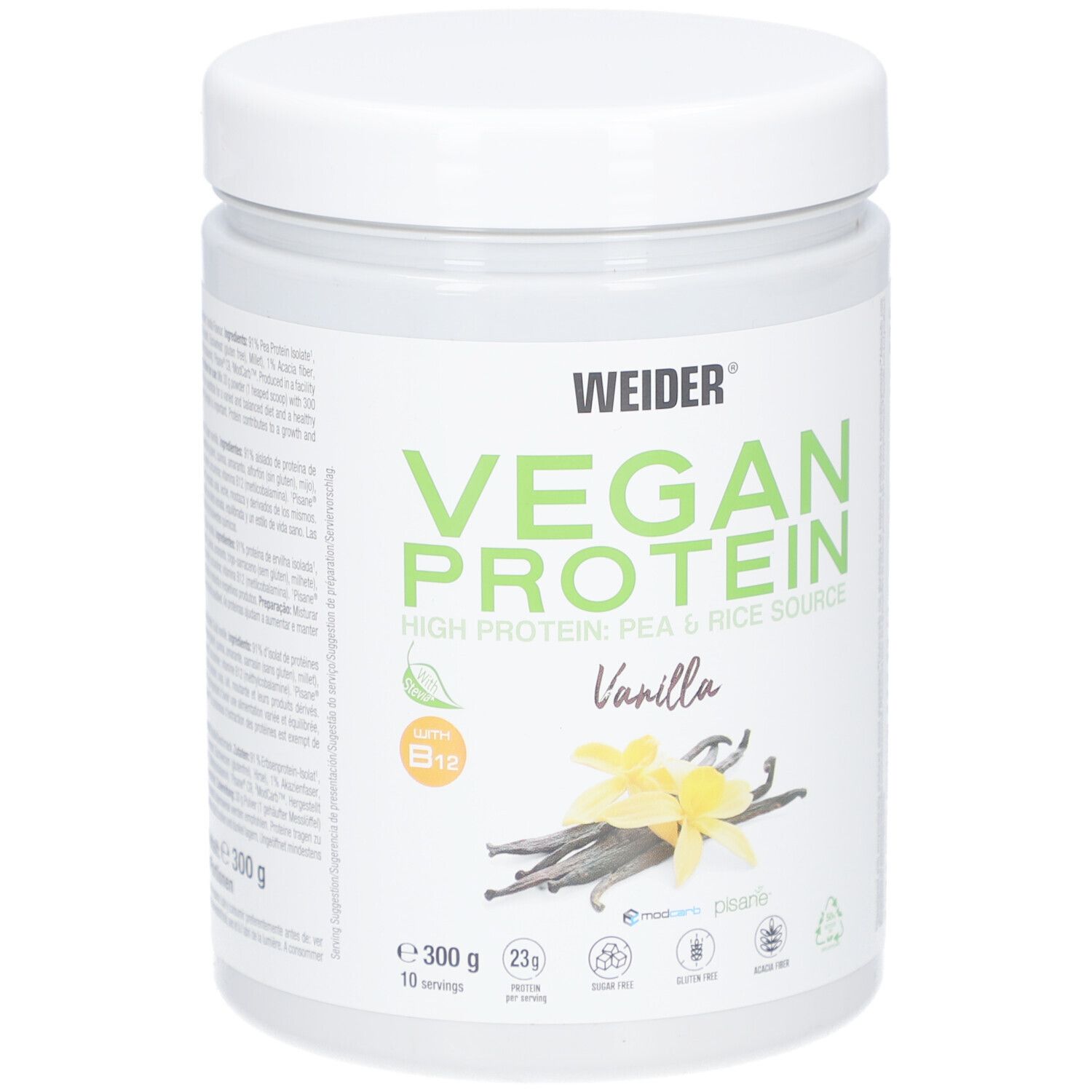 Weider Vegan Protein Dose, 300g. Aufschrift: Vegan Protein, Vanille, Vitamin B12. Mit Vanilleblüten und Schoten.