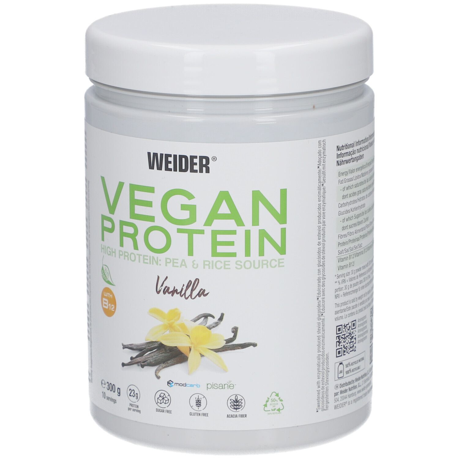 Weider Vegan Protein Dose, 300g. Aufschrift: Vegan Protein, Vanille, Vitamin B12. Mit Vanilleblüten und Schoten.