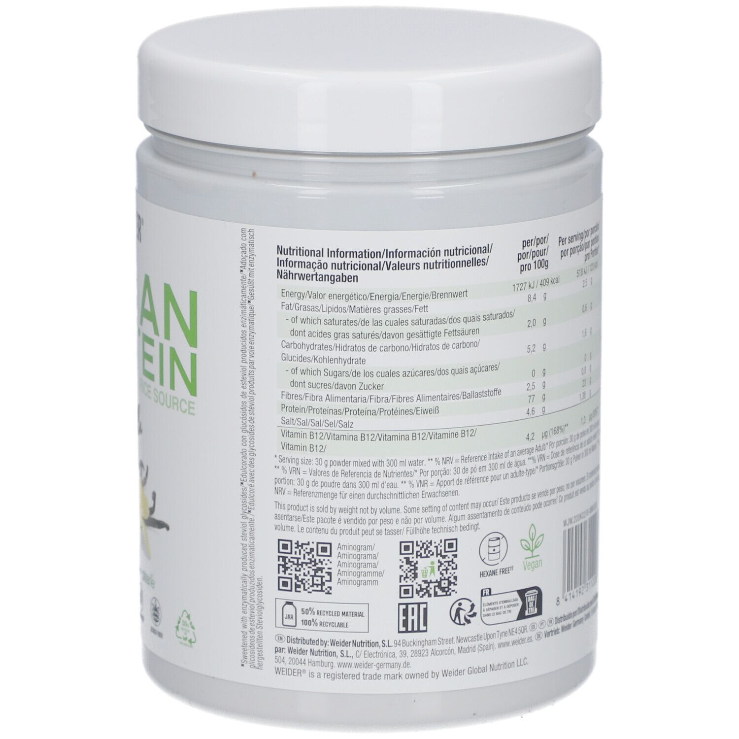 Rückseite der Weider Vegan Protein Dose. Nährwertangaben, Zutatenliste. E 300g, 10 Portionen. Vegan.