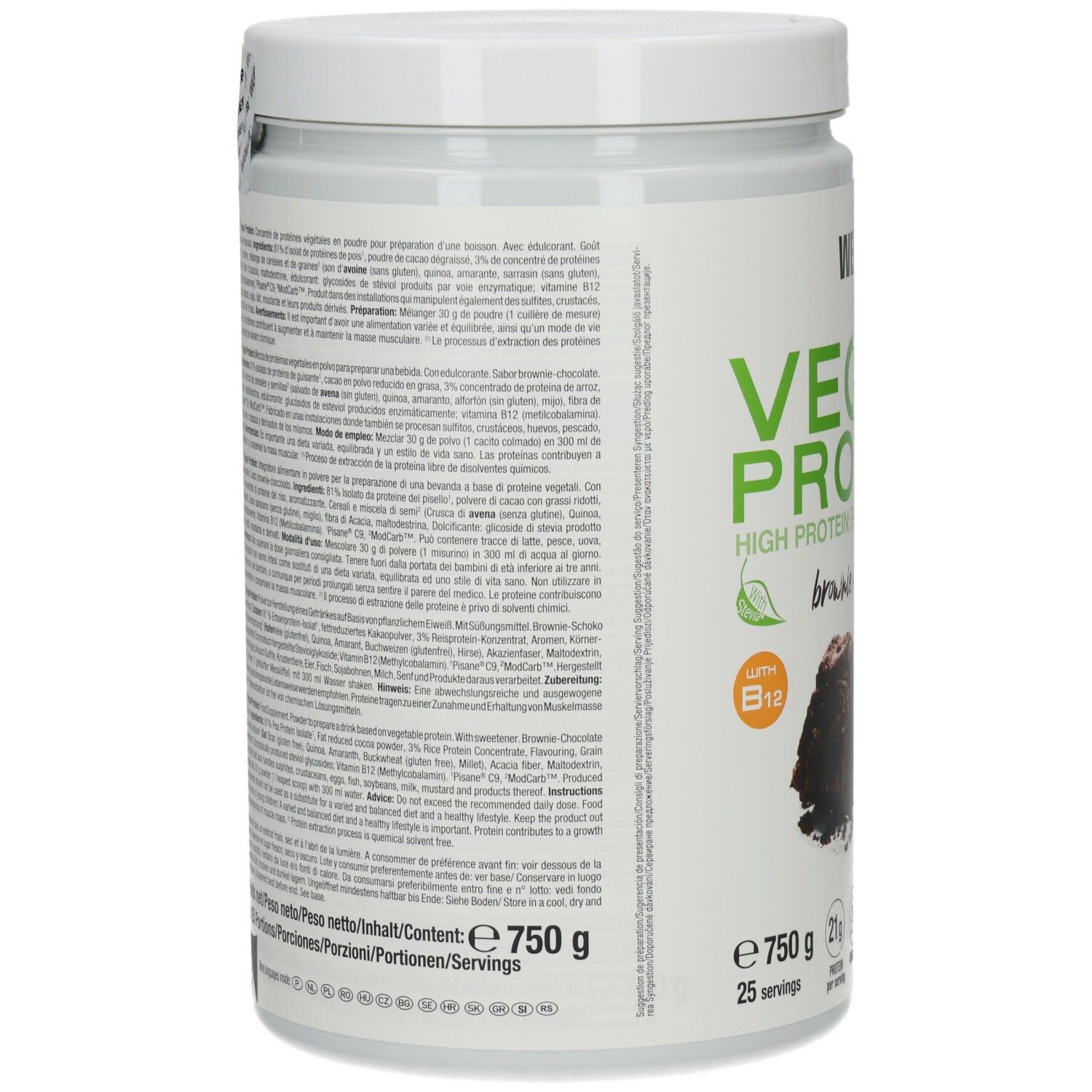 Weiße Dose, Rückseite mit Text. Enthält Informationen zu Inhaltsstoffen und Nährwerten. E750g.