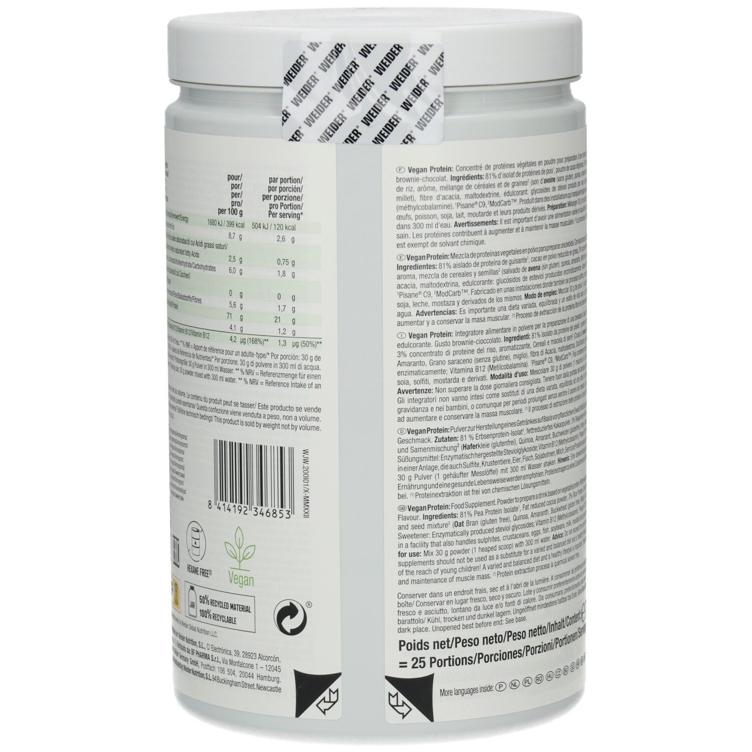 Weiße Dose, Rückseite mit Text und Barcode. Siegel mit Weider-Schriftzug. Enthält 25 Portionen.