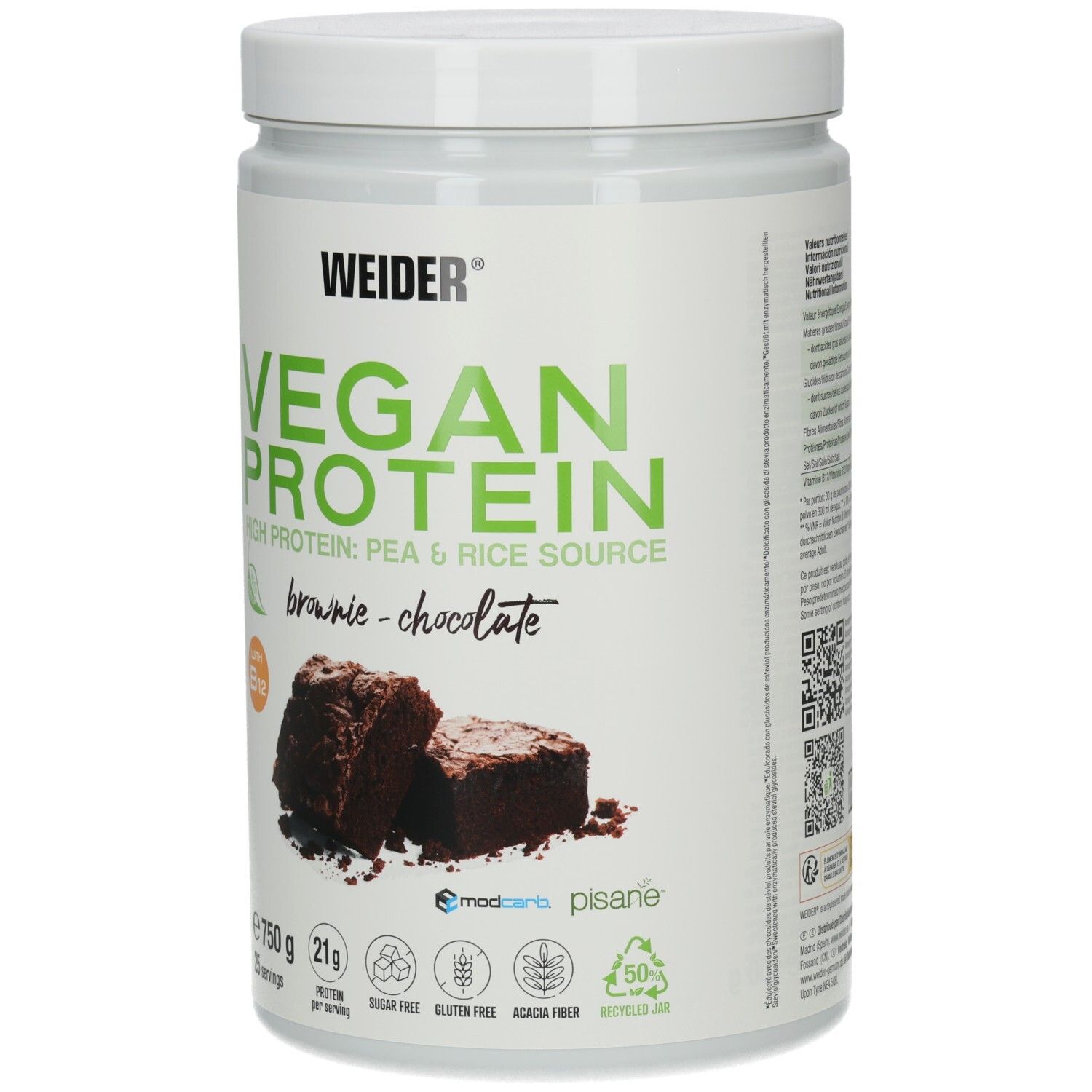 Weiße Dose mit Vegan Protein, Brownie-Geschmack. Enthält 750g. Abgebildet sind zwei Brownie-Stücke.