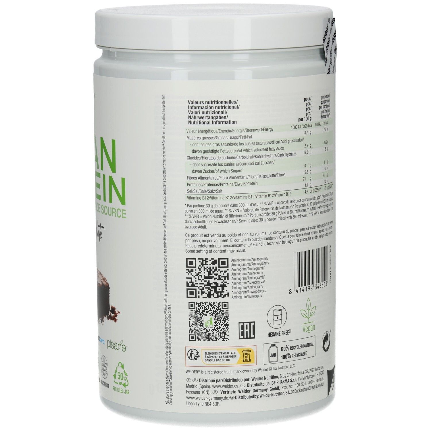 Weiße Dose, Rückseite mit Text. Enthält Informationen zu Inhaltsstoffen und Nährwerten. QR-Code.