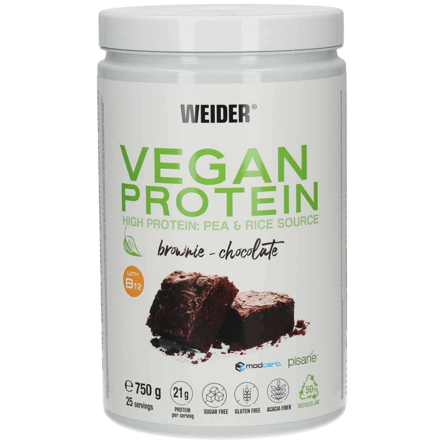 Weiße Dose mit Aufschrift Vegan Protein, Brownie-Geschmack. Enthält 750g. Abgebildet sind zwei Brownie-Stücke.