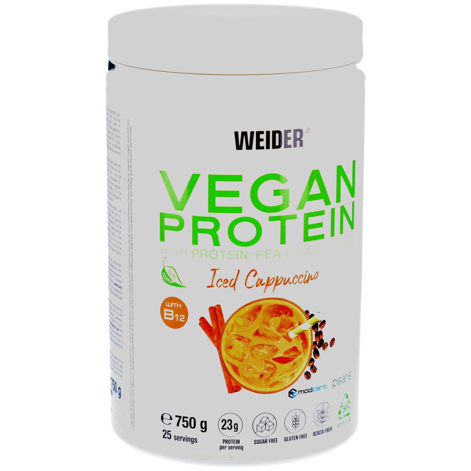 Weiße Dose mit Aufschrift Vegan Protein, Iced Cappuccino. Enthält 750g. Mit B12, zuckerfrei, glutenfrei, acacia fiber.