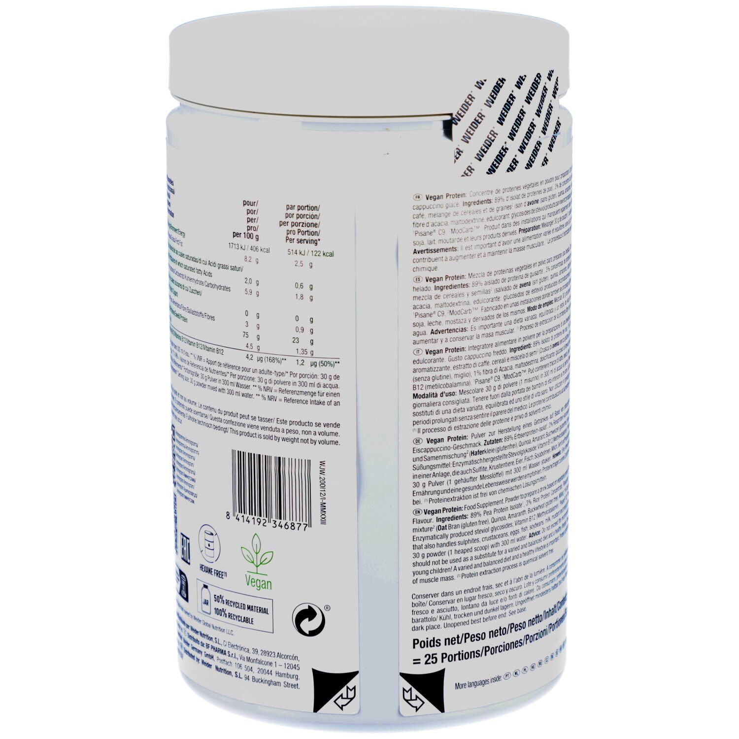 Rückseite der weißen Dose. Enthält Nährwertangaben, Barcode und Vegan-Logo. Vegan Protein.