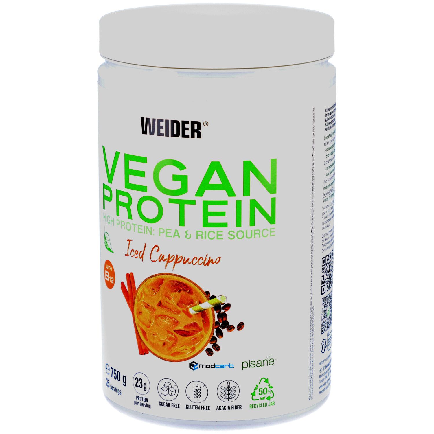 Weiße Dose mit Aufschrift Vegan Protein, Iced Cappuccino. Enthält 750g. Mit B12, zuckerfrei, glutenfrei, acacia fiber. Weider.