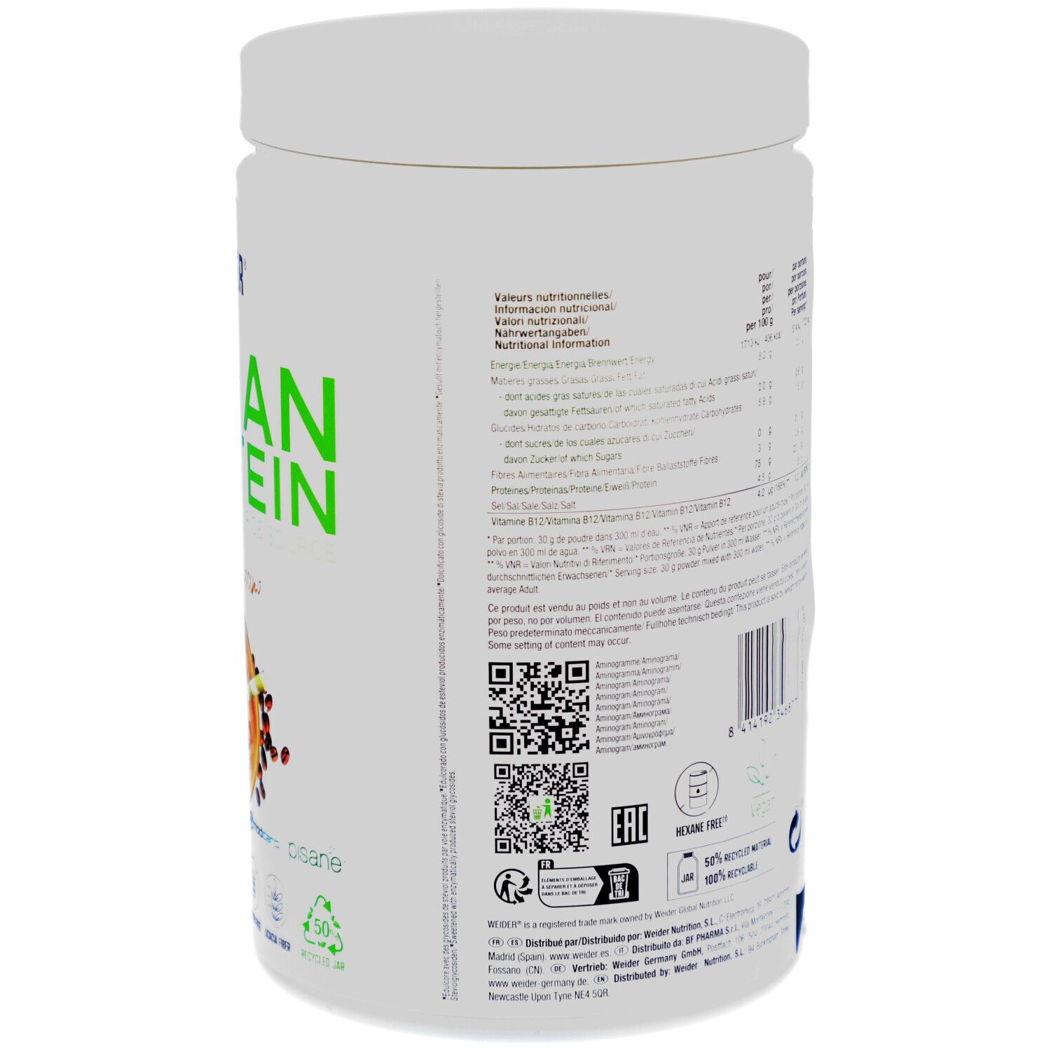 Rückseite der weißen Dose. Enthält Nährwertangaben, Barcode und Vegan-Logo. Weider Vegan Protein.