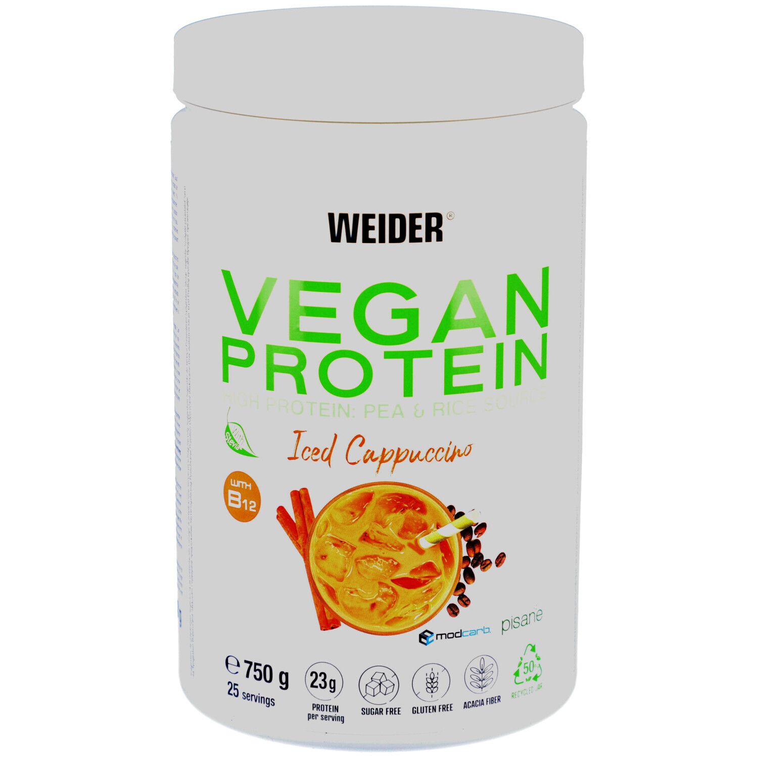 Weiße Dose mit Aufschrift Vegan Protein, Iced Cappuccino. Enthält 750g. Mit B12, zuckerfrei, glutenfrei, acacia fiber.