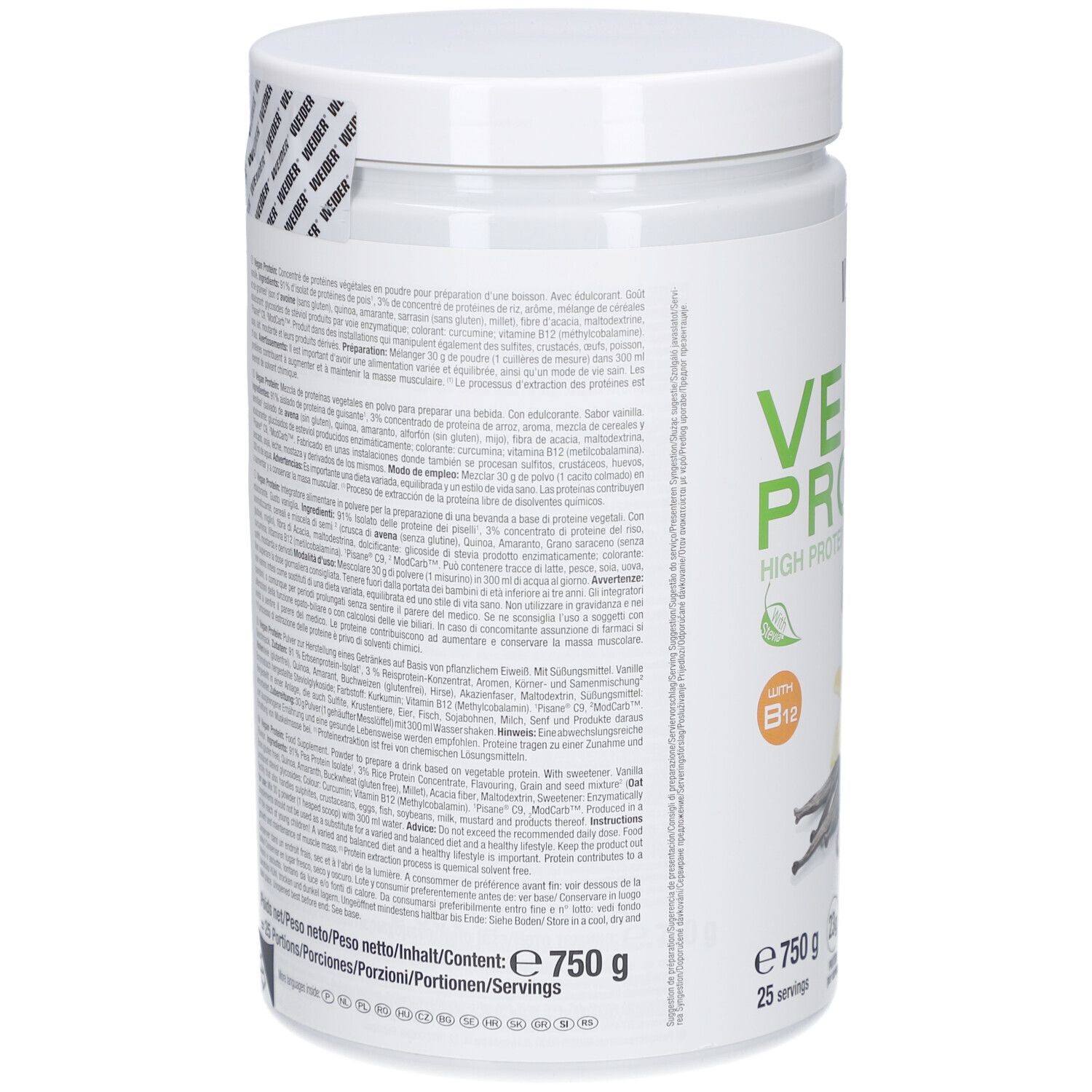 Weider Vegan Protein Dose, Rückseite. Text in mehreren Sprachen. Siegel mit Weider-Logo. Enthält 750g, 25 Portionen.