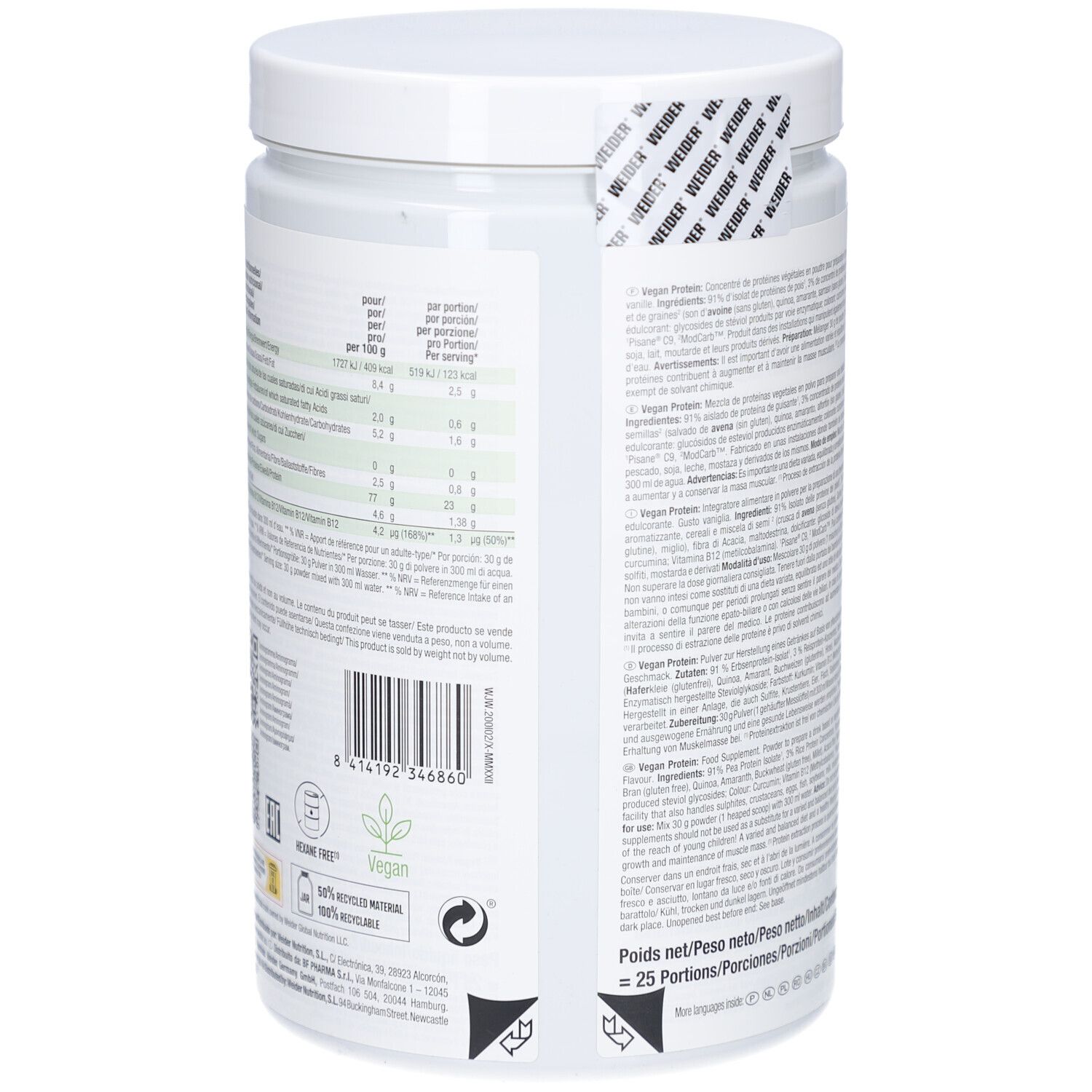 Weider Vegan Protein Dose, Rückseite. Nährwertangaben, Barcode, Vegan-Siegel. Enthält 750g, 25 Portionen.