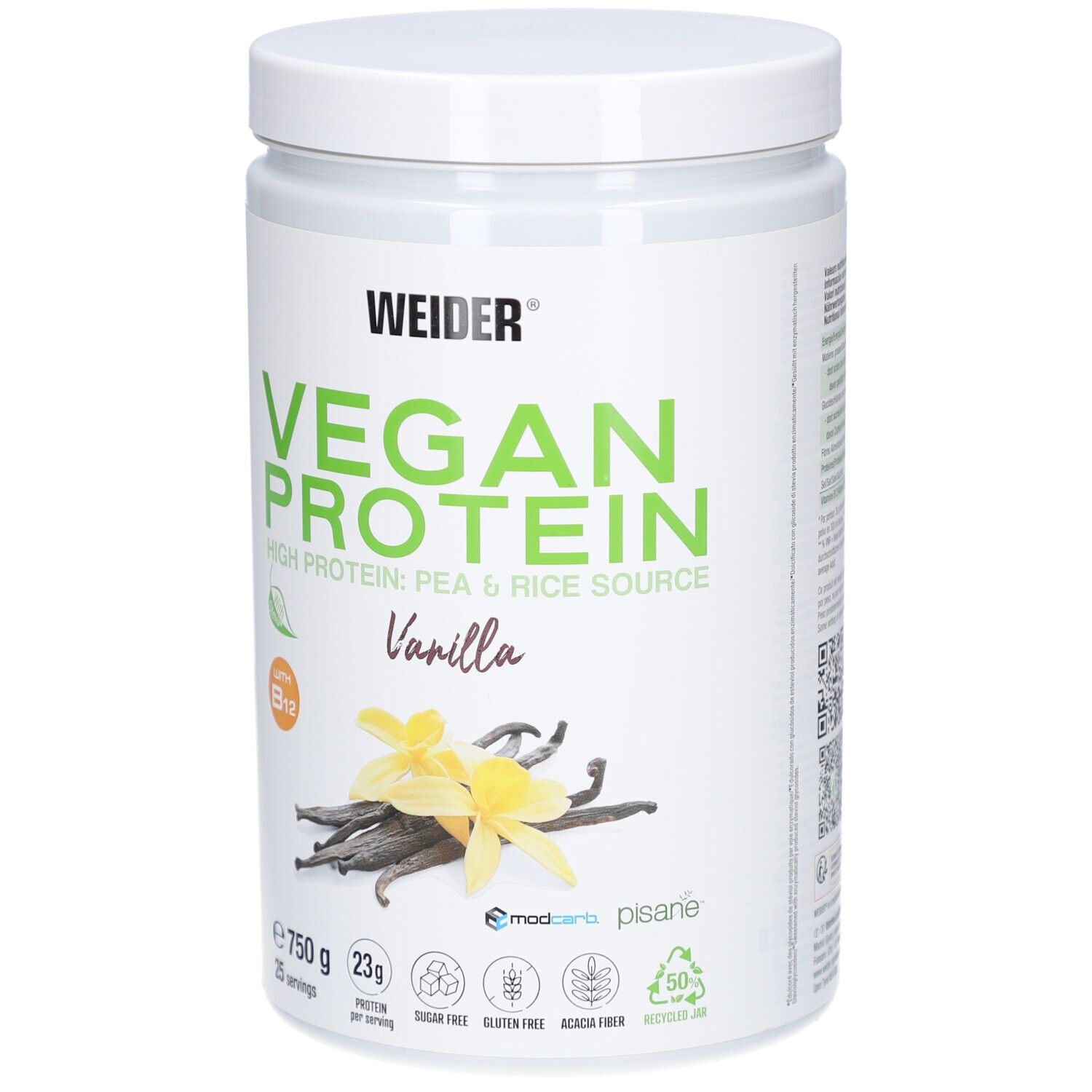 Weider Vegan Protein, Vanille-Geschmack, 750g Dose. Enthält Erbsen- und Reisprotein. Mit Vitamin B12. Abbildung von Vanilleblüten.