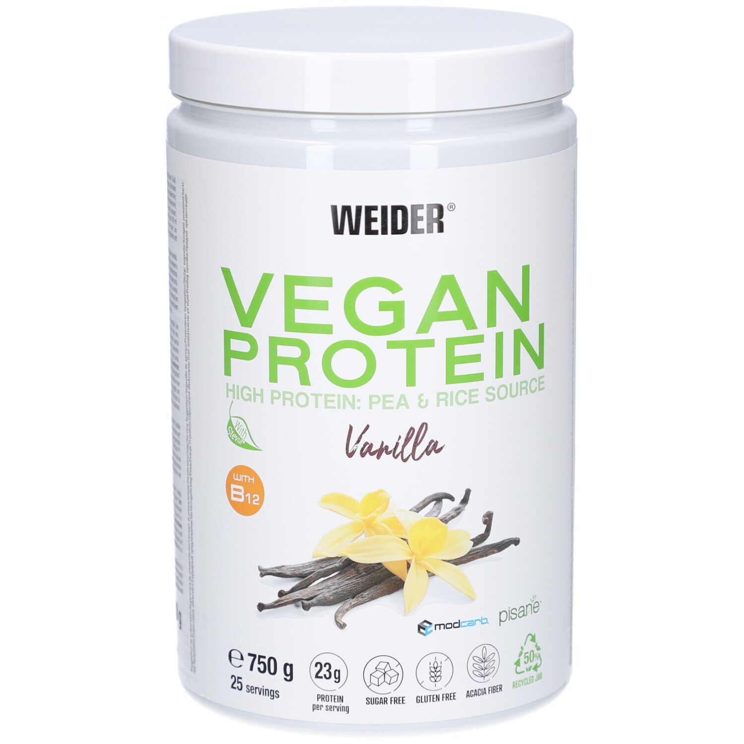Weider Vegan Protein, Vanille-Geschmack, 750g Dose. Enthält Erbsen- und Reisprotein. Mit Vitamin B12. Abbildung von Vanilleblüten.