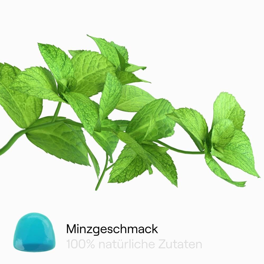 Grüne Minzblätter und eine blaue Gummibärchen. Text: Minzgeschmack, 100% natürliche Zutaten.