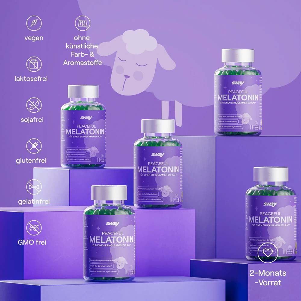 Flaschen mit Produkt. Lila Hintergrund. Symbole: vegan, ohne künstliche Farb- und Aromastoffe, etc.