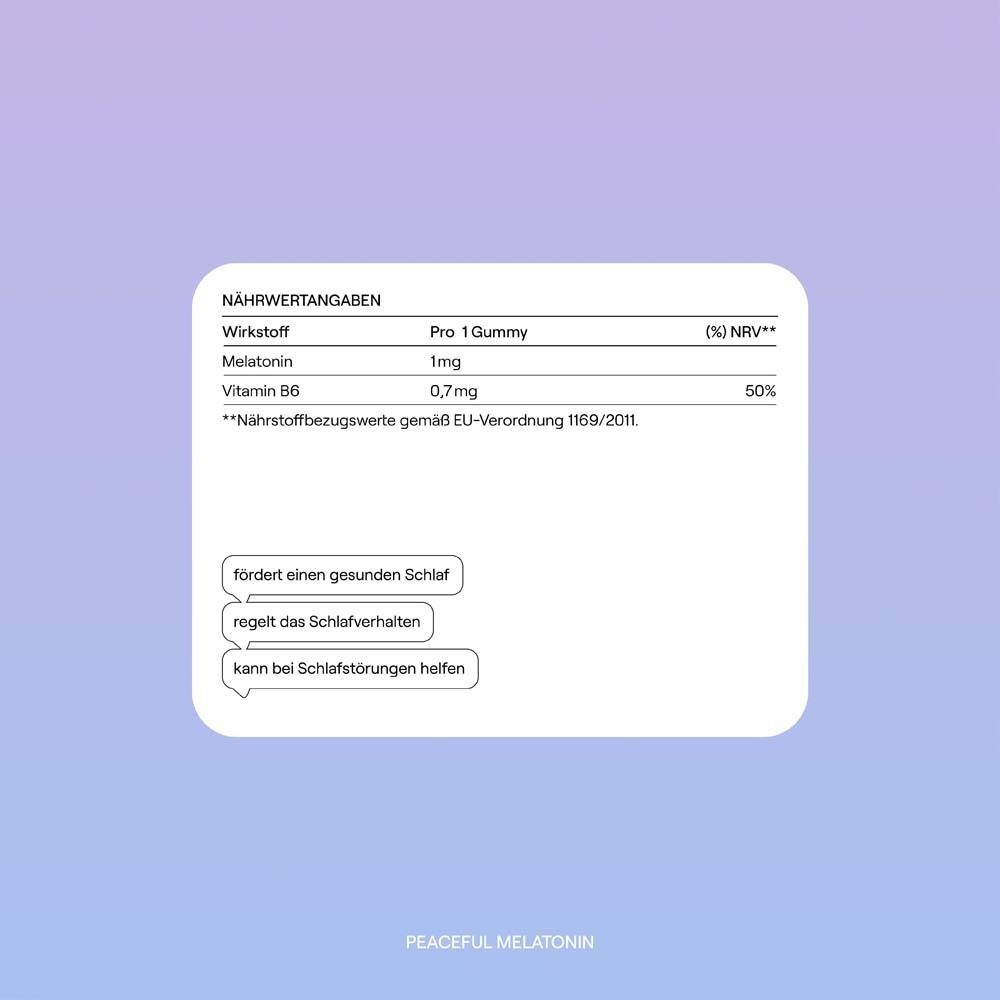 Nährwertangaben auf weißem Hintergrund. Text: Melatonin, Vitamin B6. Text: fördert gesunden Schlaf, etc.