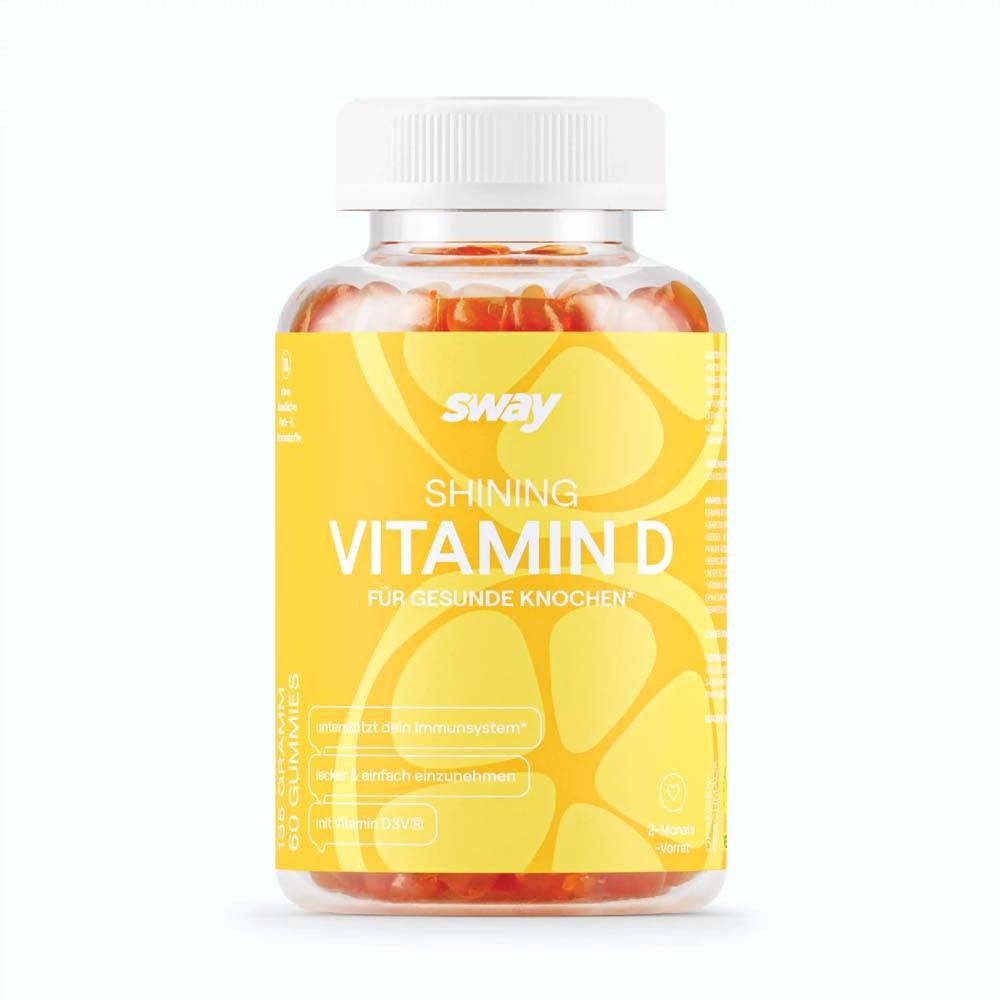 Eine Flasche mit Vitamin D Gummies. Aufschrift: sway, Shining Vitamin D, für gesunde Knochen. 60 Gummies.