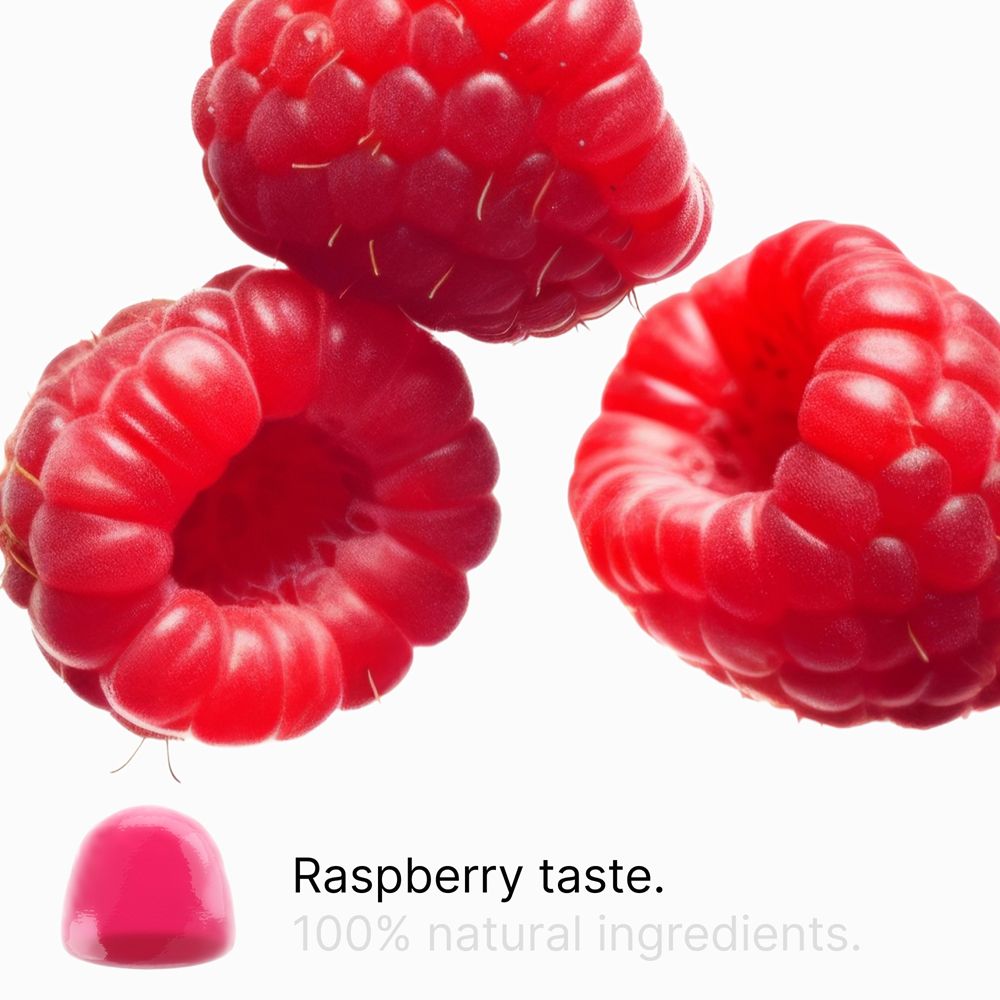 Himbeeren und eine Gummibärchen. 100% natürliche Zutaten.