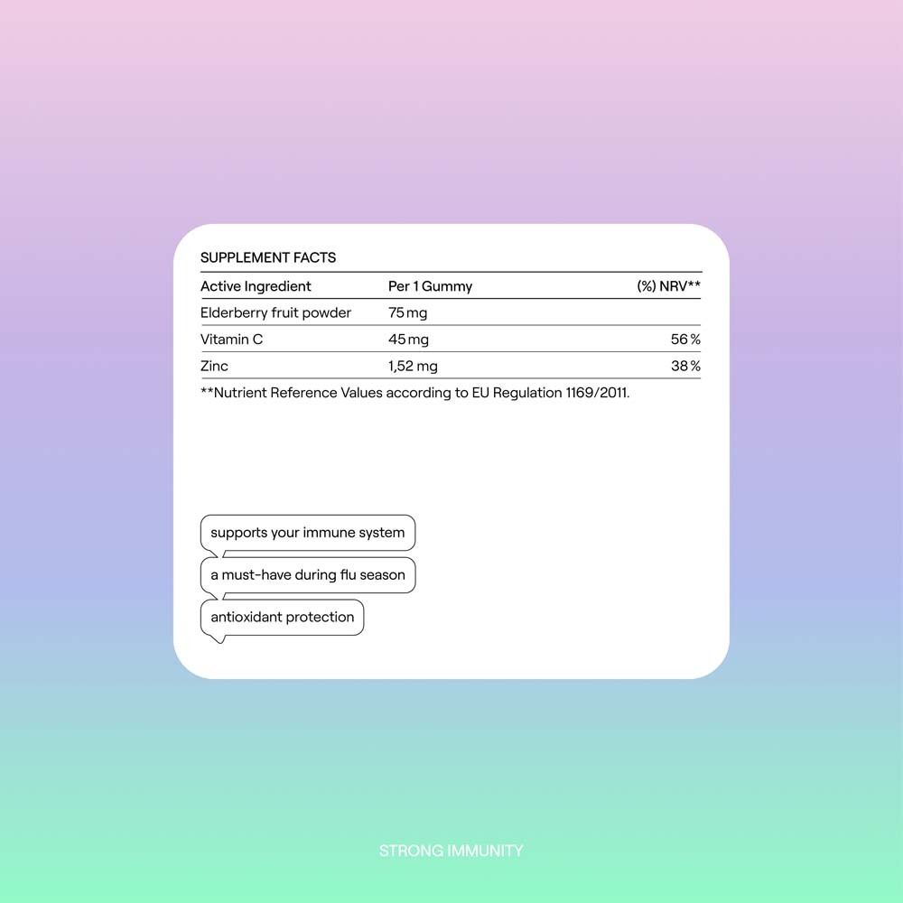 Tabelle mit Nährwertangaben für STRONG IMMUNITY. Enthält Holunderfruchtpulver, Vitamin C und Zink.
