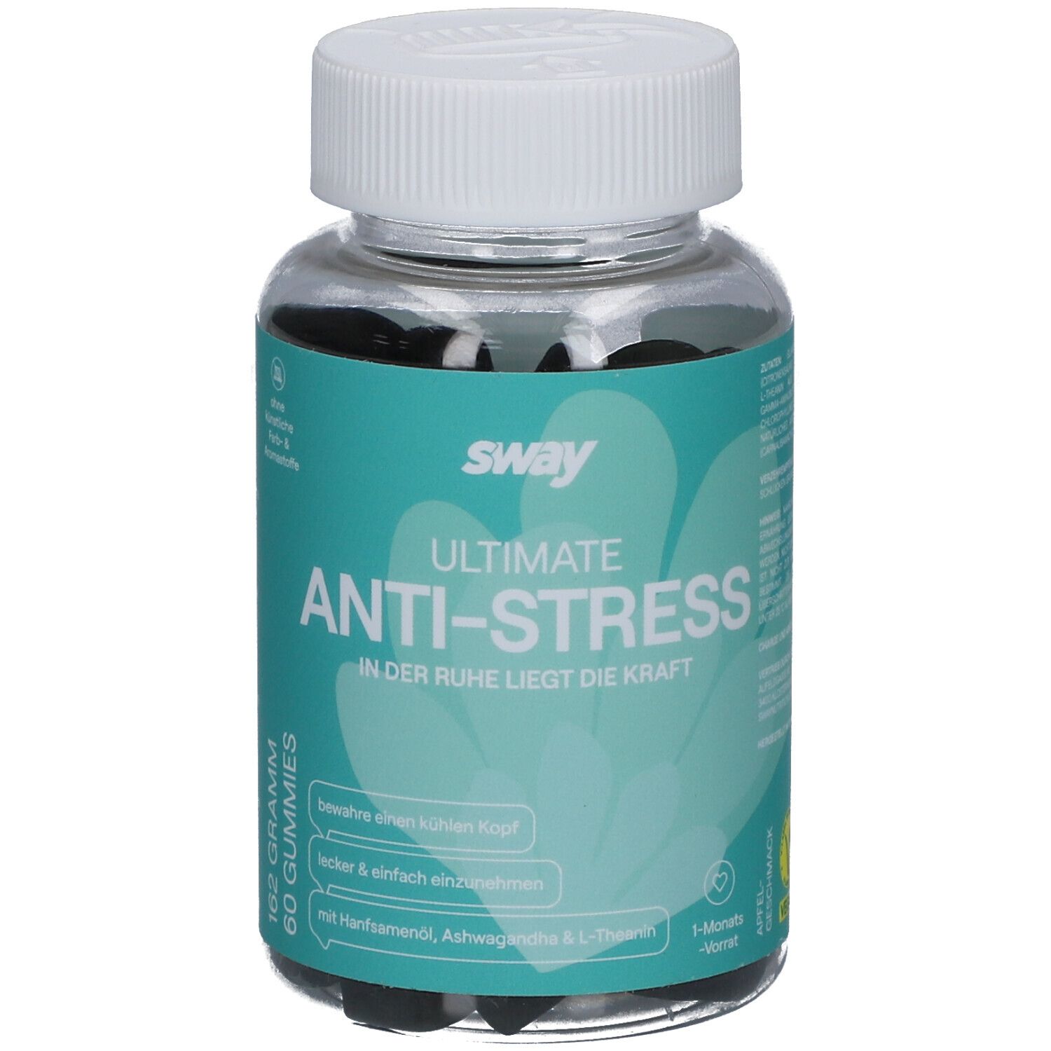 Klare Dose mit schwarzen Gummies. Aufschrift: sway ULTIMATE ANTI-STRESS. 162 Gramm, 60 Gummies.