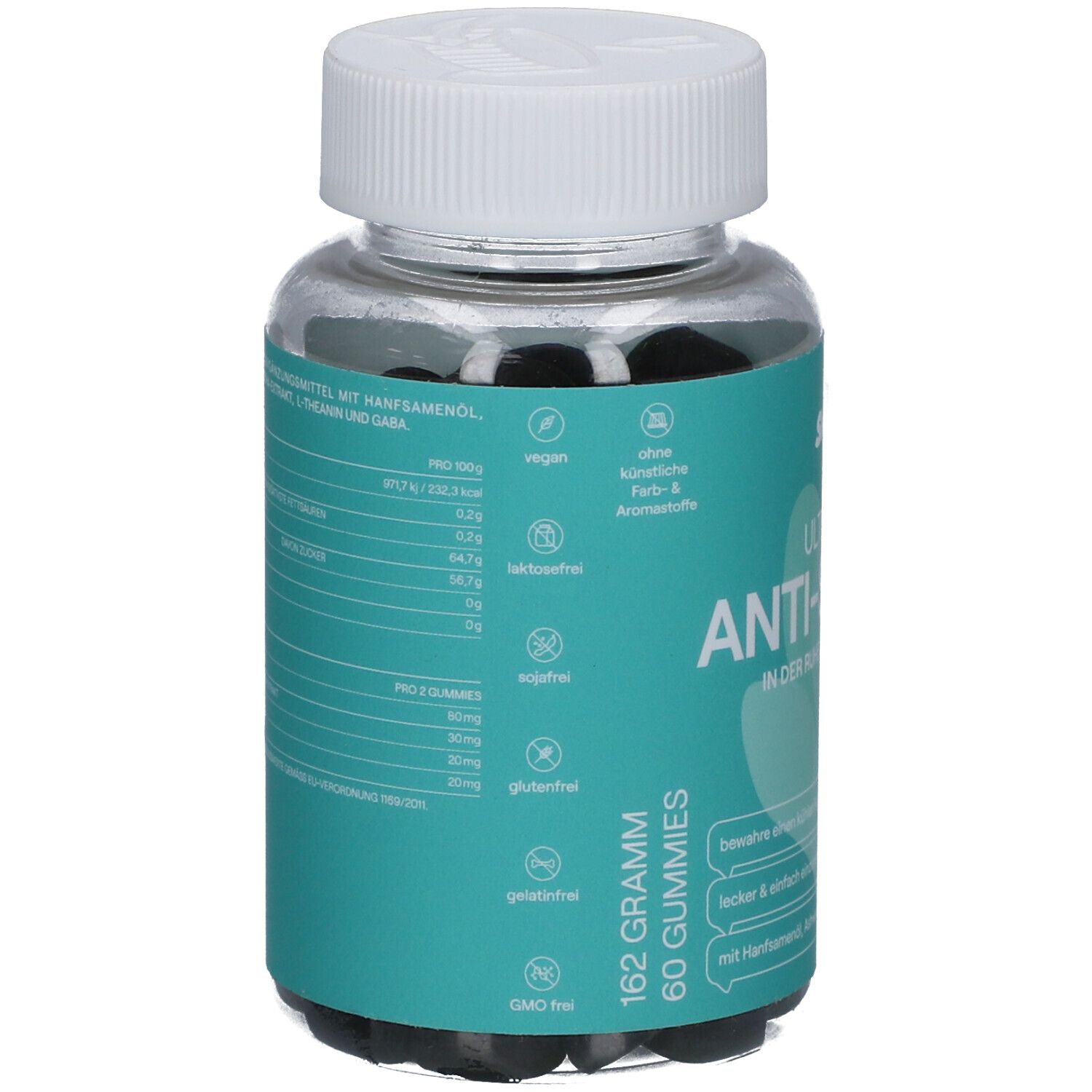 Rückseite der Dose mit Nährwertangaben und Inhaltsstoffen. Vegan, laktosefrei, glutenfrei, ohne künstliche Farb- und Aromastoffe.