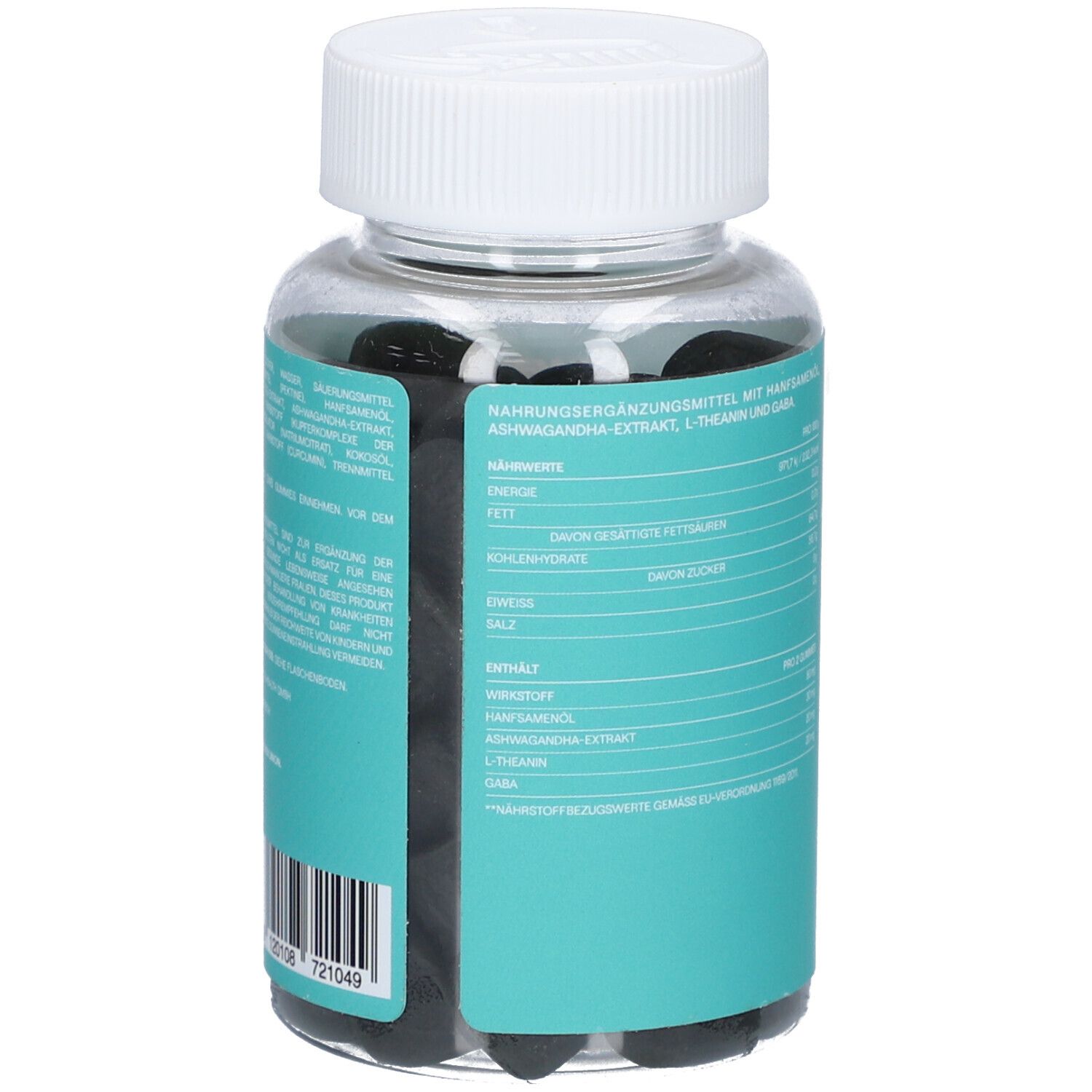 Rückseite der Dose mit Nährwertangaben und Inhaltsstoffen. Nahrungsergänzungsmittel mit Hanföl, Ashwagandha, L-Theanin und GABA.