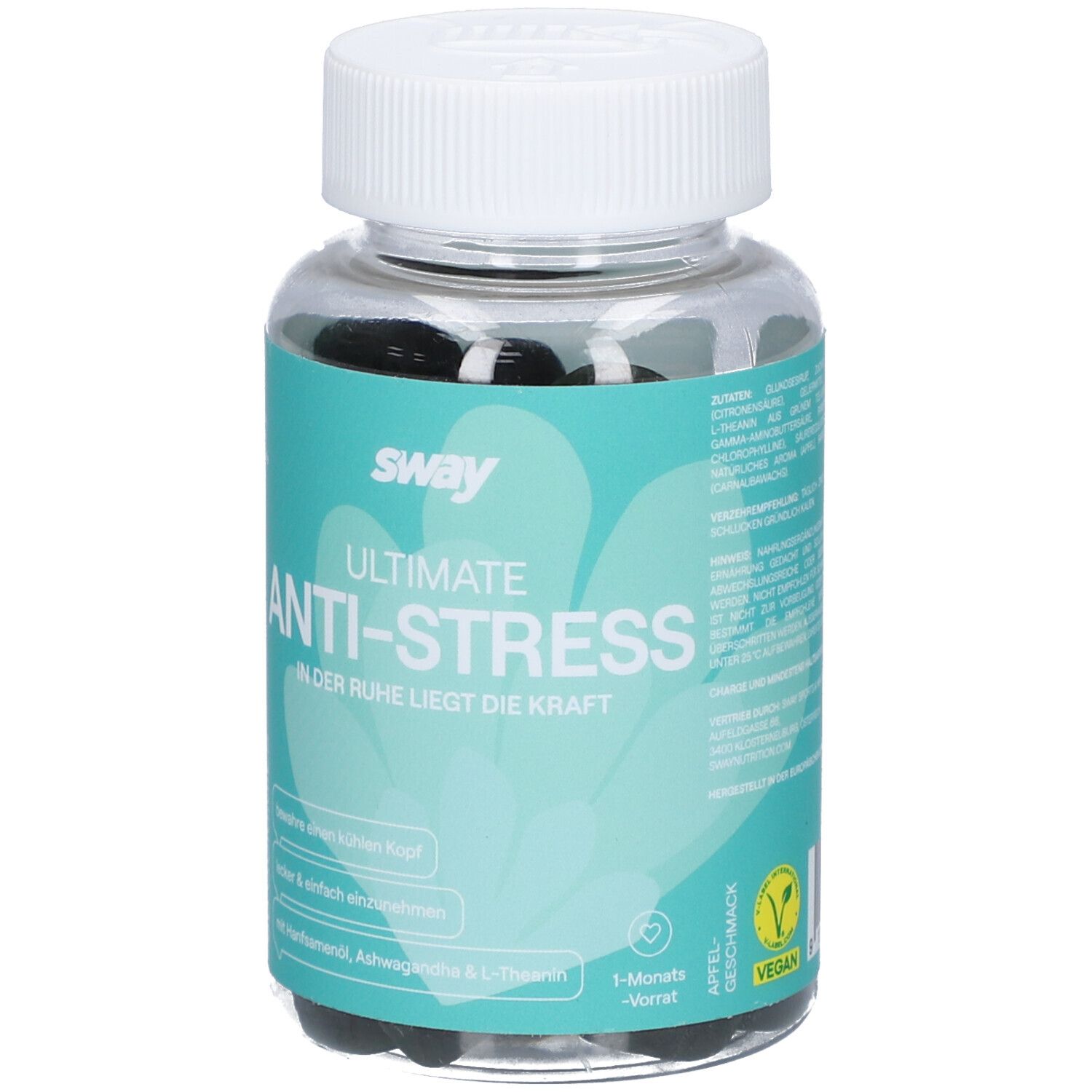 Klare Dose mit schwarzen Gummies. Aufschrift: sway ULTIMATE ANTI-STRESS. Vegan-Siegel. 1-Monats-Vorrat.