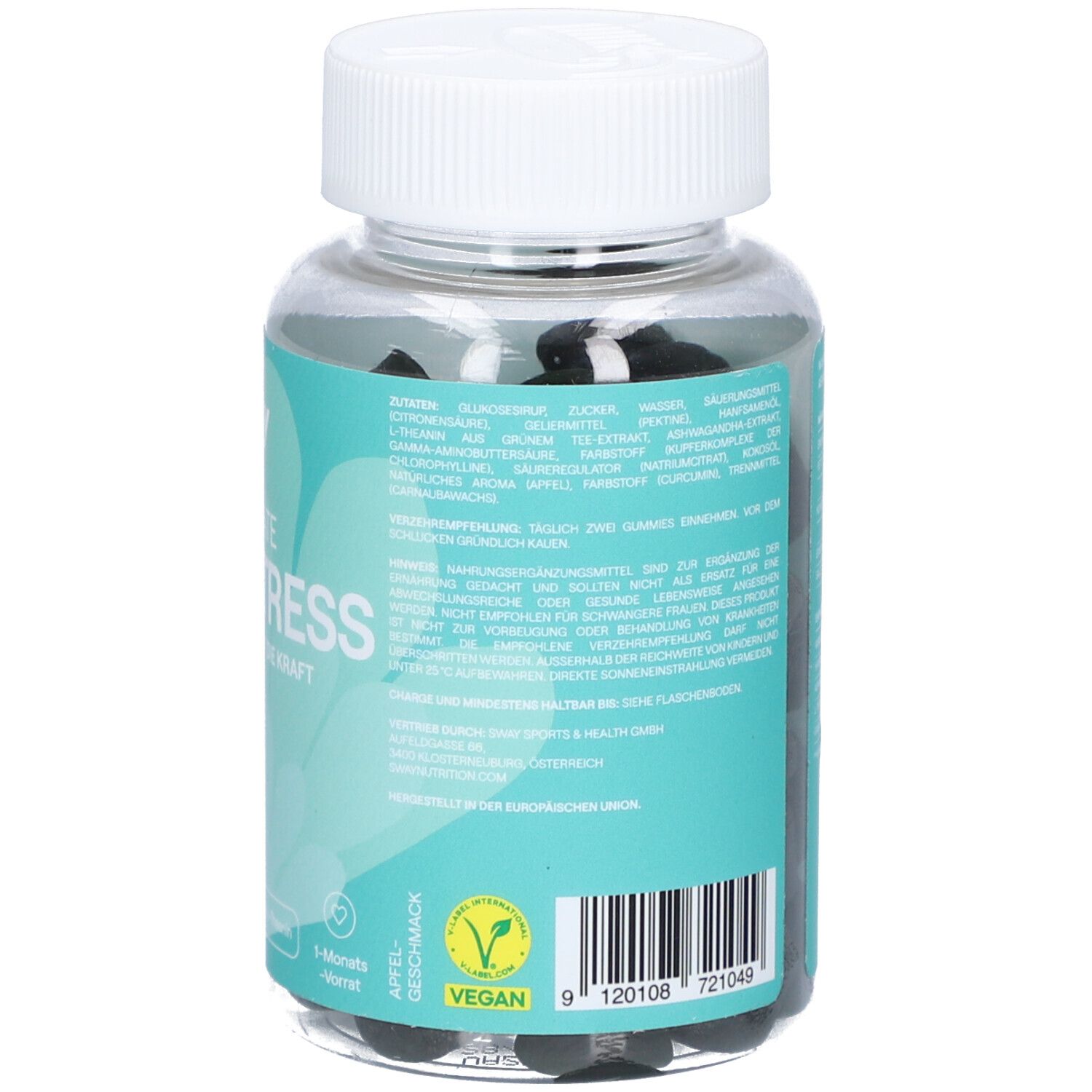 Rückseite der Dose mit Inhaltsstoffen und Herstellerinformationen. Vegan-Siegel. Apfel-Geschmack.