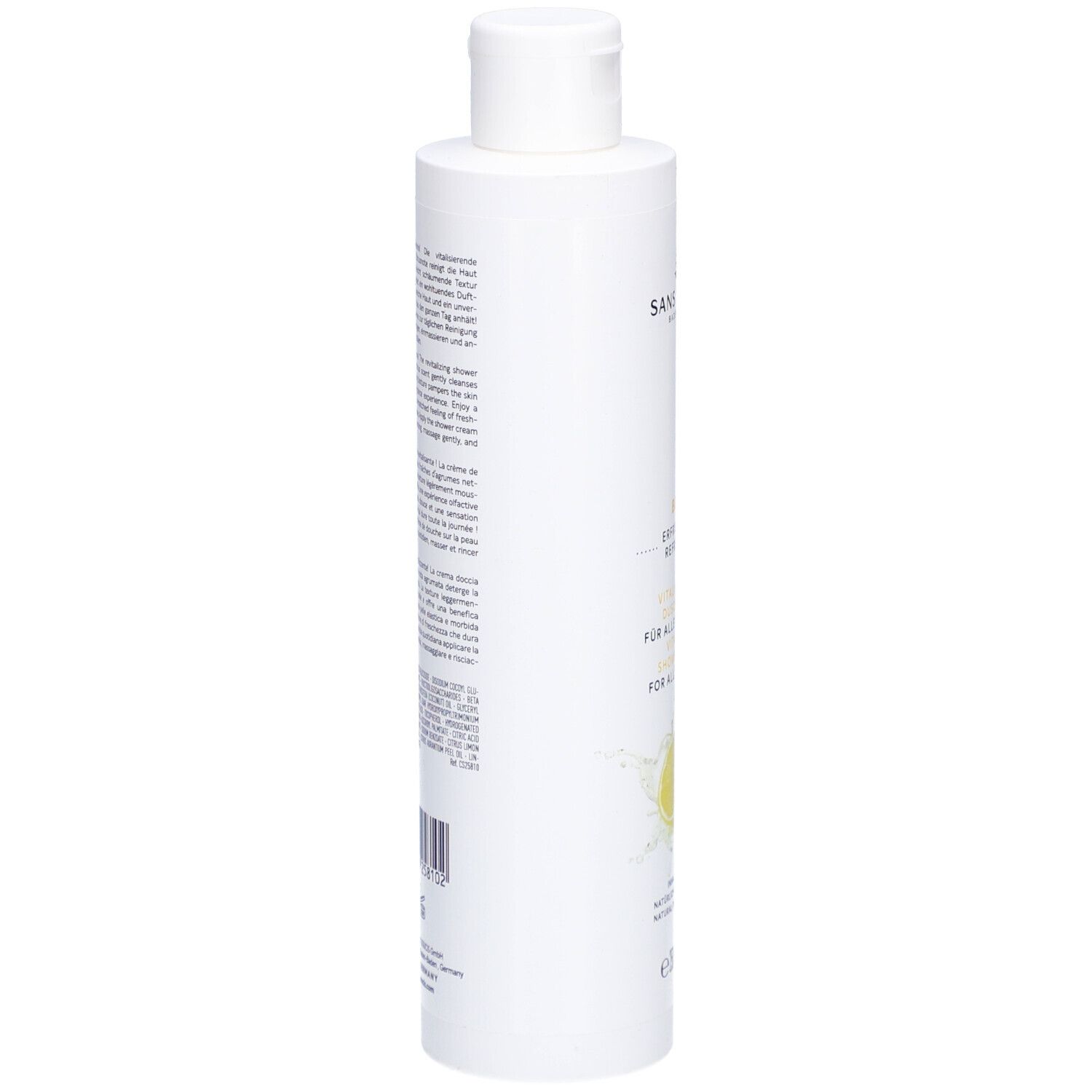 Weiße Flasche, Seitenansicht. Text auf Deutsch und Englisch. Aufschrift: Sans Soucis. Barcode und Herstellerinformationen.