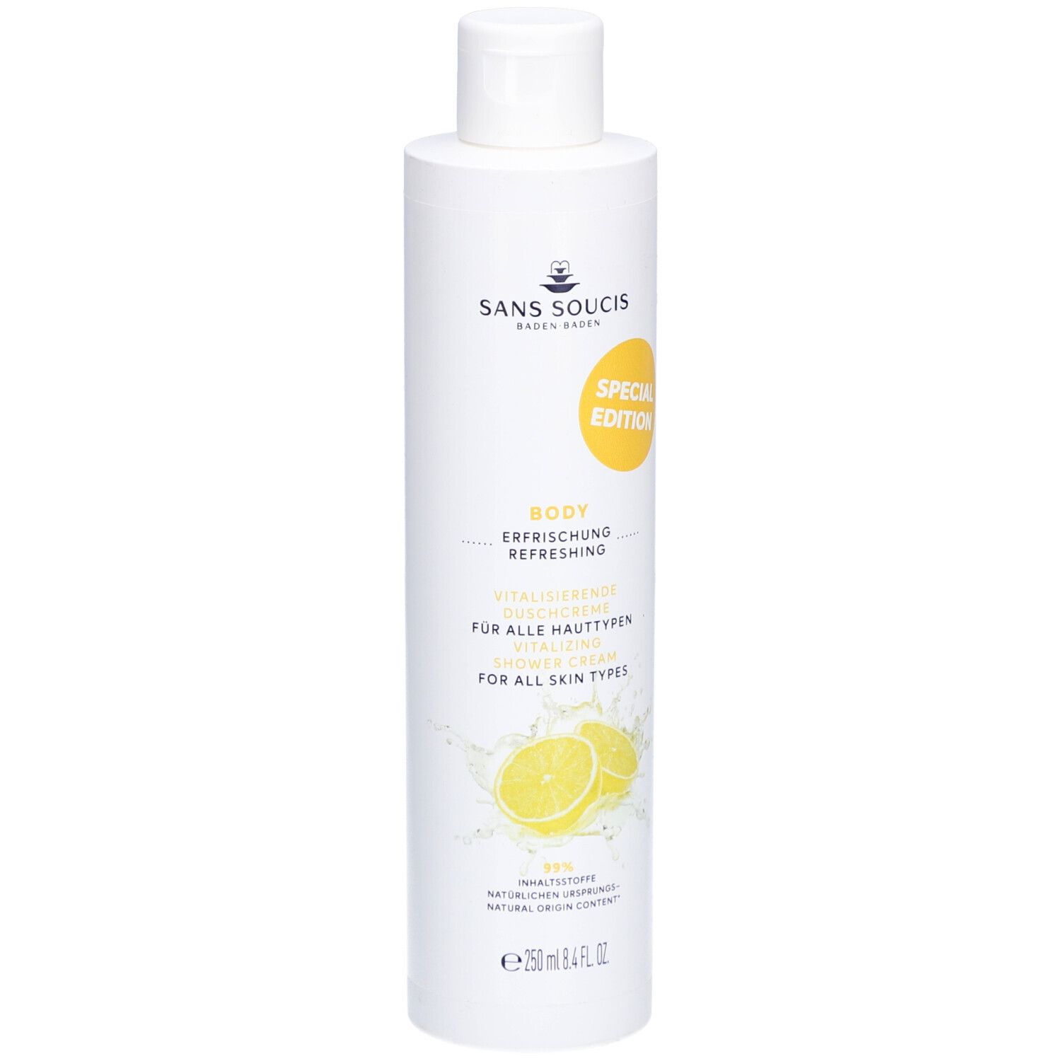 Weiße Flasche mit gelbem Etikett. Aufschrift: Sans Soucis, Body Erfrischung, Zitrone. Abbildung von Zitronenscheiben. "Special Edition".