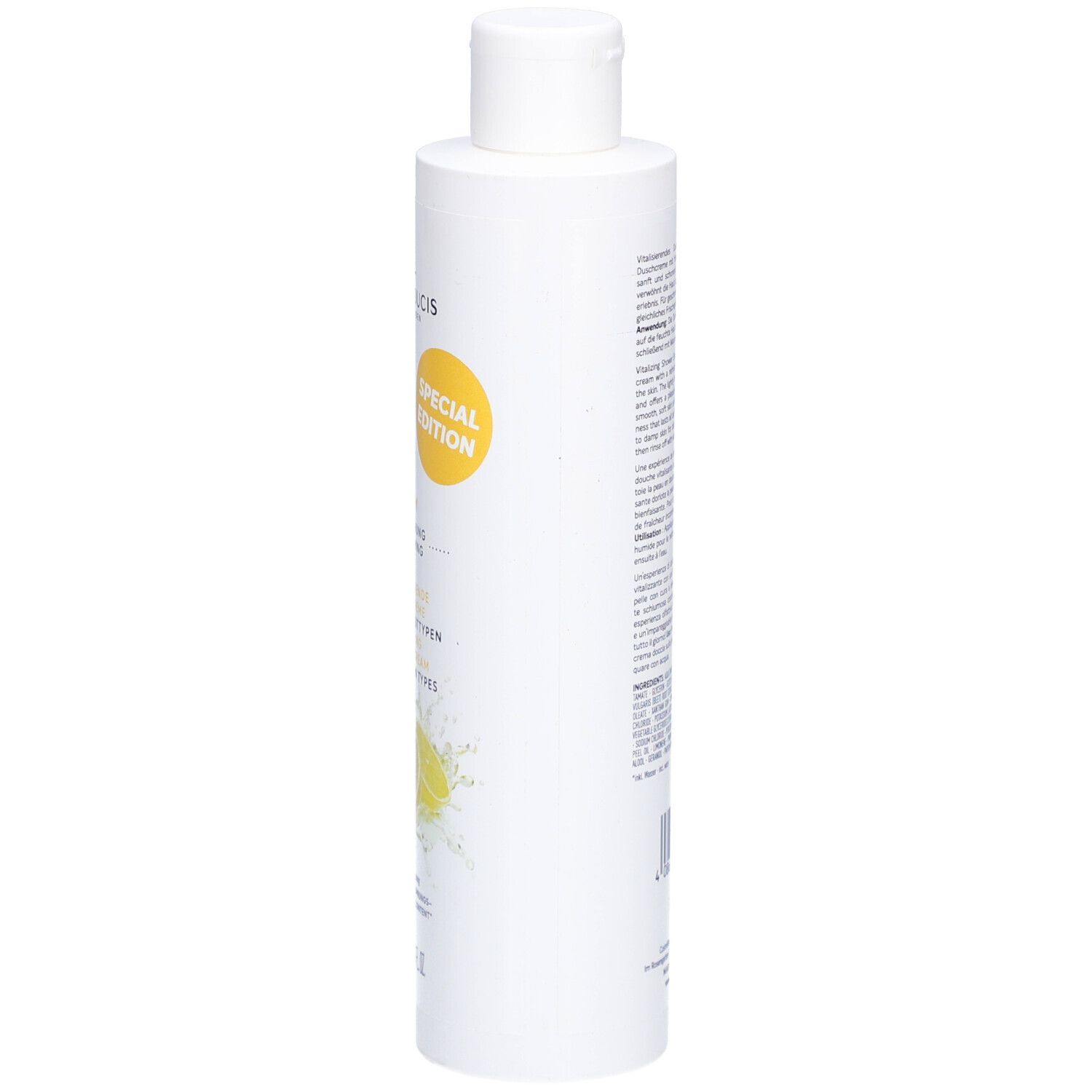 Weiße Flasche, Seitenansicht. Gelbes Etikett mit Aufschrift: Sans Soucis, Special Edition. Text in Deutsch und Englisch.