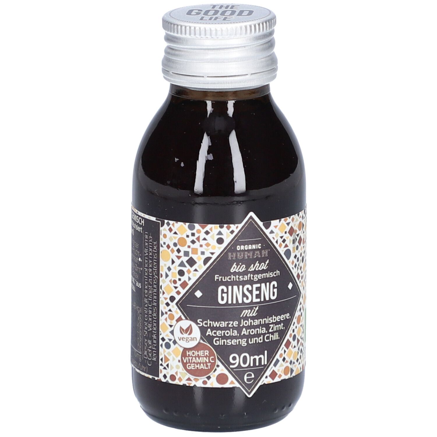 Braune Glasflasche mit silbernem Deckel. Etikett mit Produktnamen Ginseng, Inhaltsstoffen und Logo. 90ml.