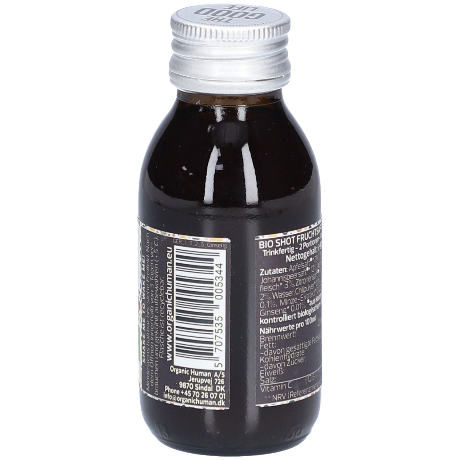 Braune Glasflasche mit silbernem Deckel. Etikett mit Barcode, Herstellerinformationen und Bio-Siegel.