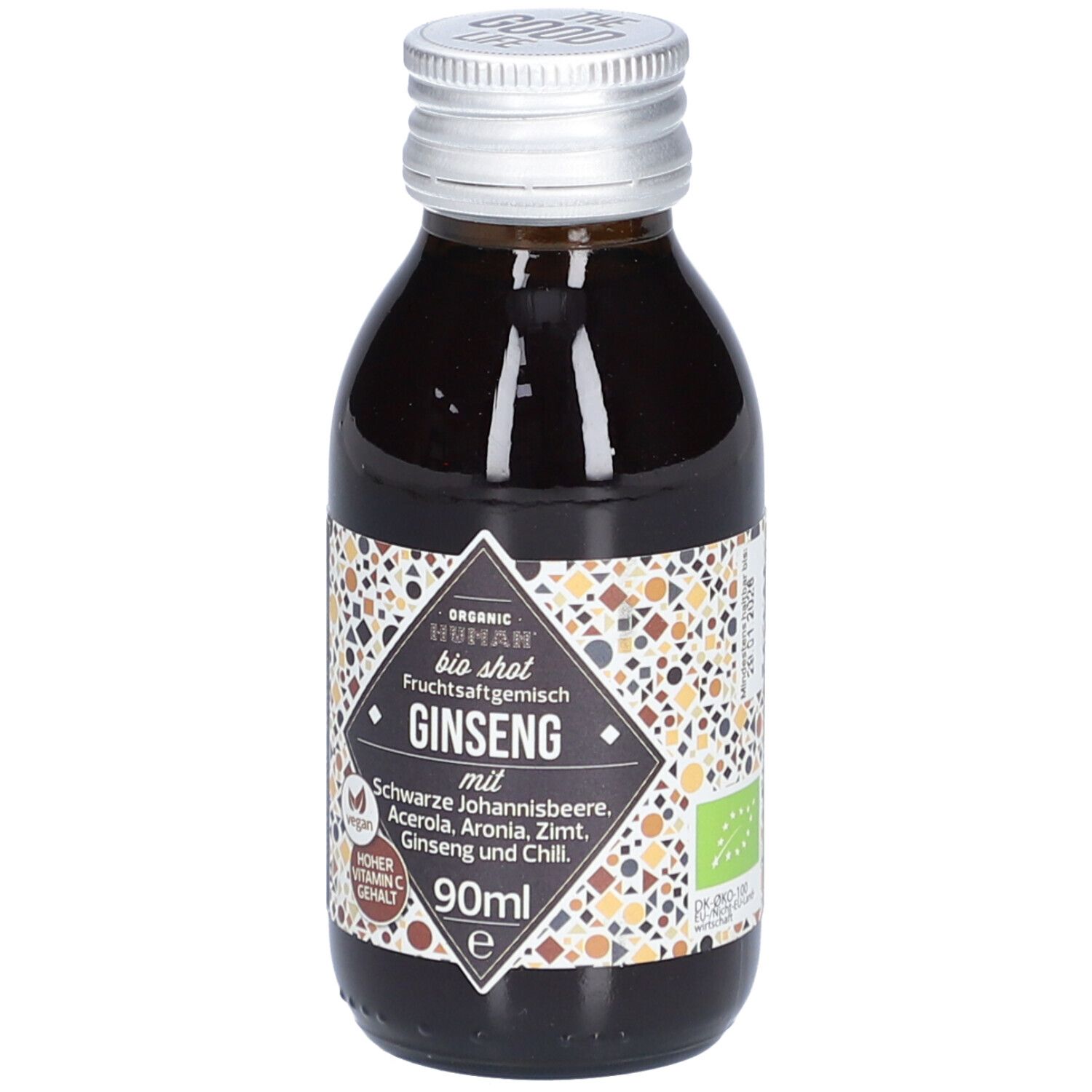 Braune Glasflasche mit silbernem Deckel. Etikett mit Produktnamen Ginseng, Inhaltsstoffen und Logo. 90ml.