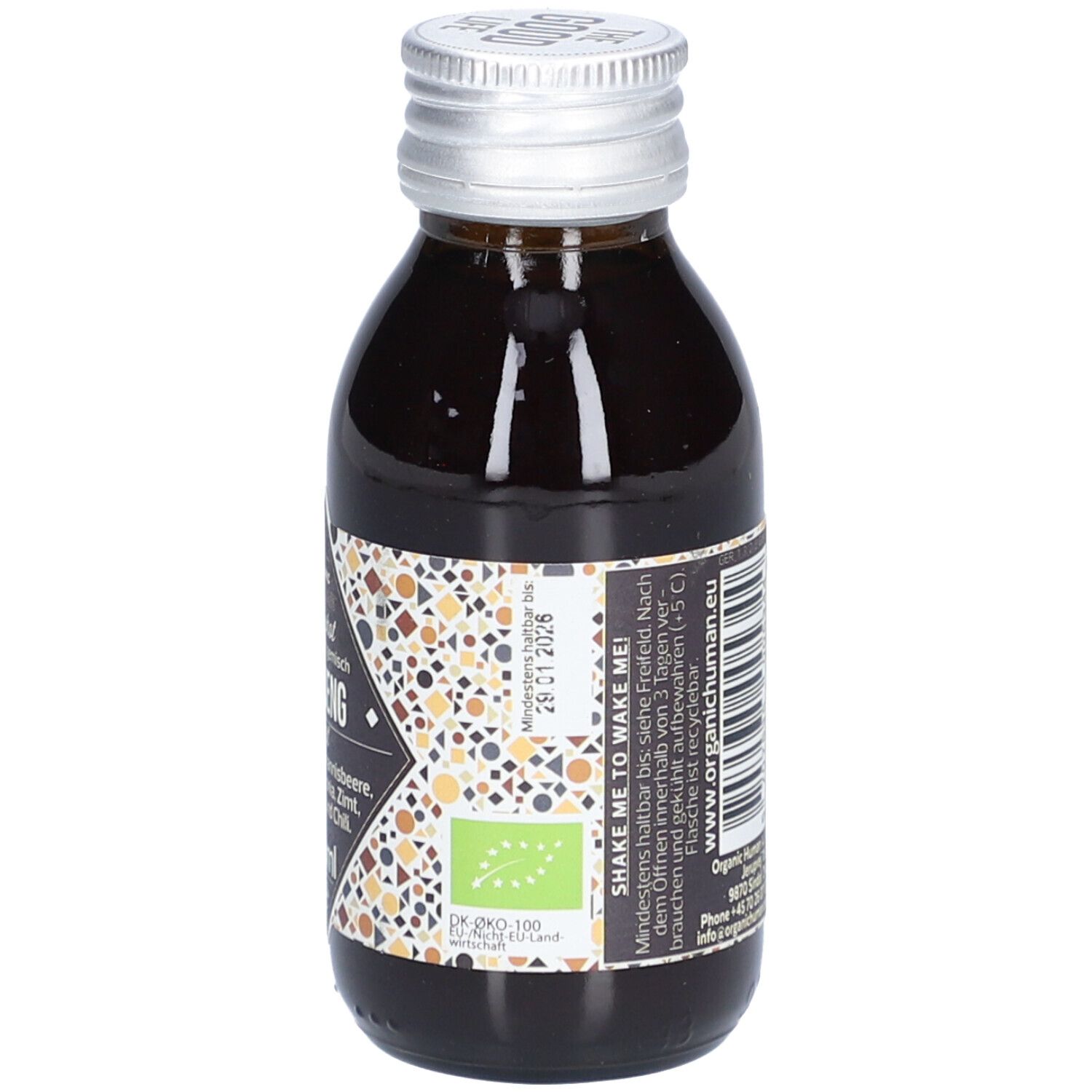 Braune Glasflasche mit silbernem Deckel. Etikett mit Mindesthaltbarkeitsdatum und Bio-Siegel. Text: Shake me to wake me!