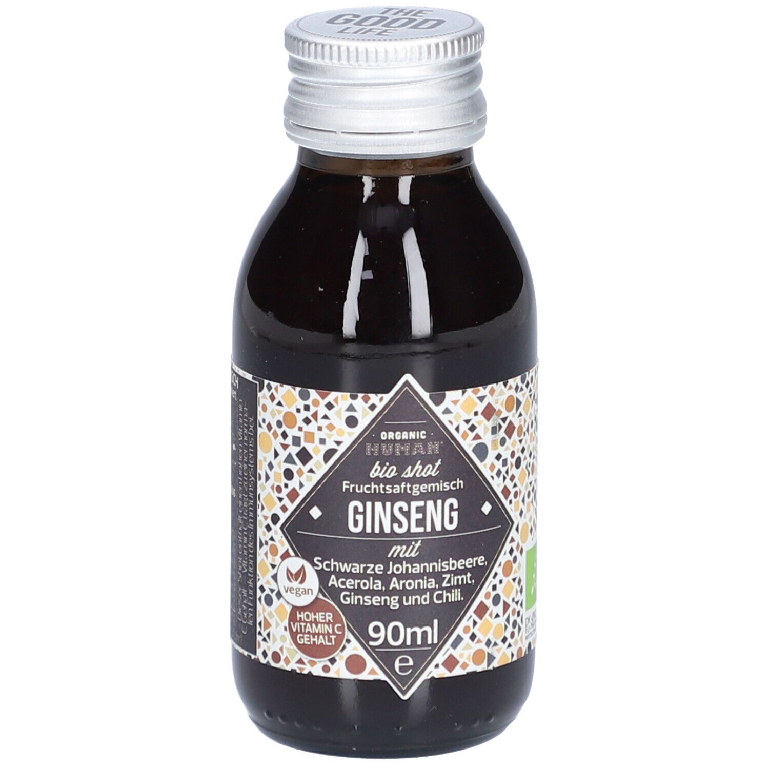 Braune Glasflasche mit silbernem Deckel. Etikett mit Produktnamen Ginseng, Inhaltsstoffen und Logo. 90ml.