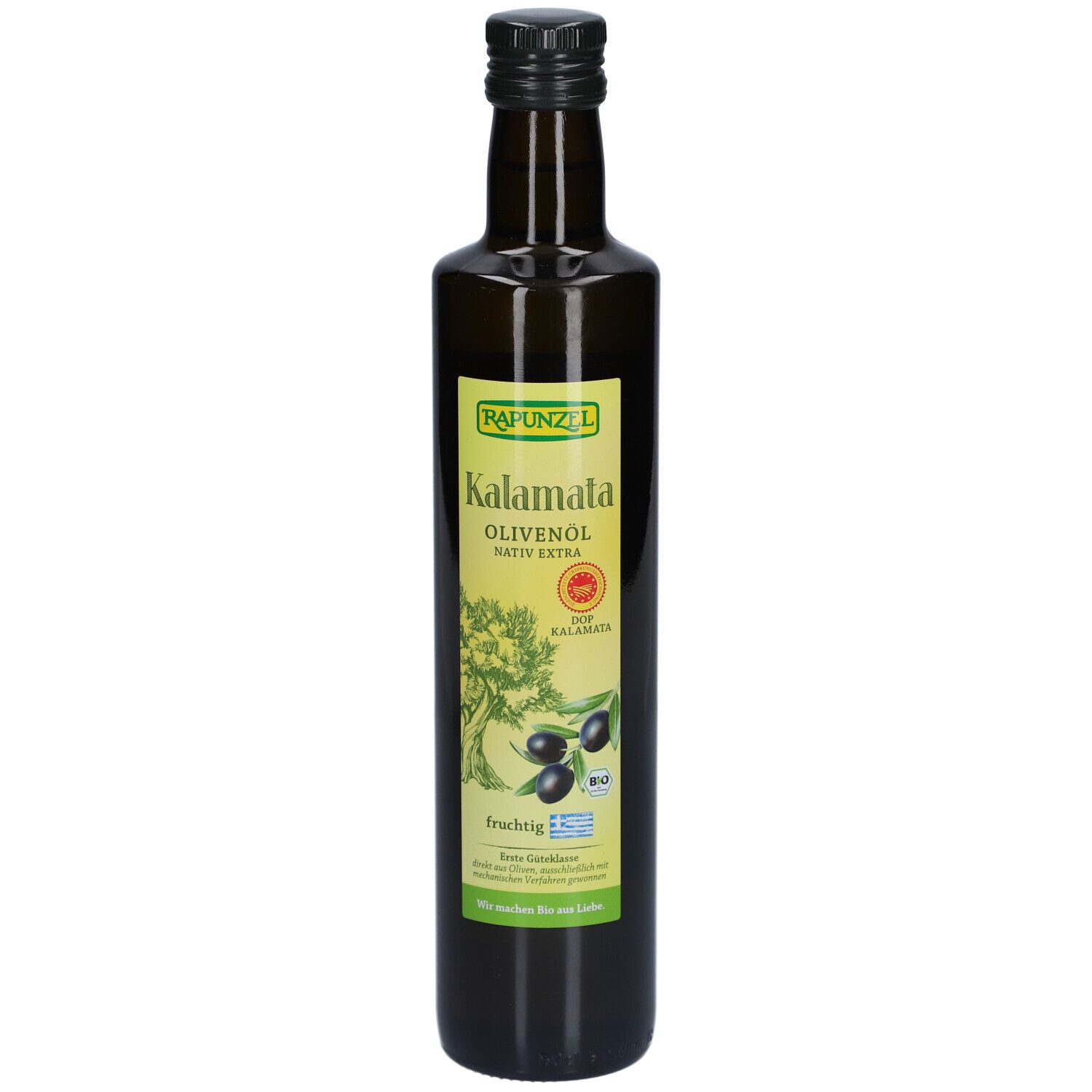 Grüne Glasflasche mit Etikett. Aufschrift: Rapunzel Kalamata Olivenöl nativ extra. Abbildung von Oliven.