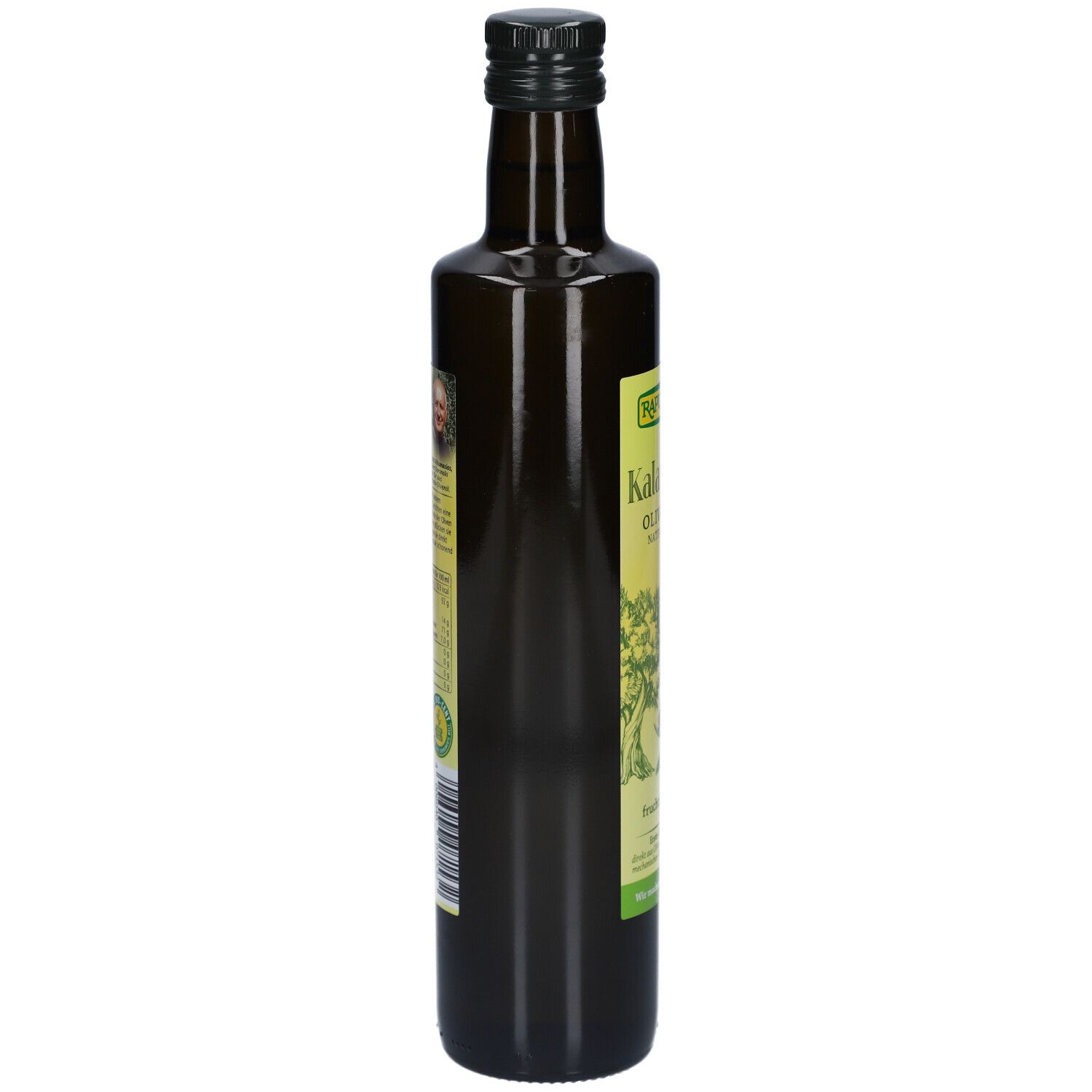Grüne Glasflasche mit Etikett. Seitenansicht. Aufschrift: Rapunzel Kalamata Olivenöl nativ extra.