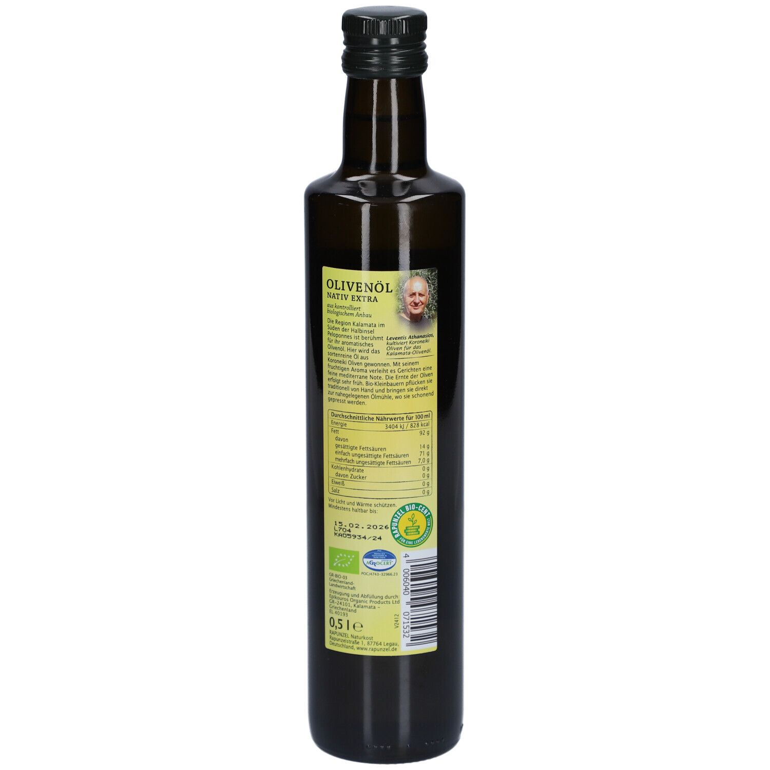 Grüne Glasflasche mit Etikett. Rückansicht. Aufschrift: Rapunzel Olivenöl nativ extra. Nährwertangaben und Bio-Siegel.