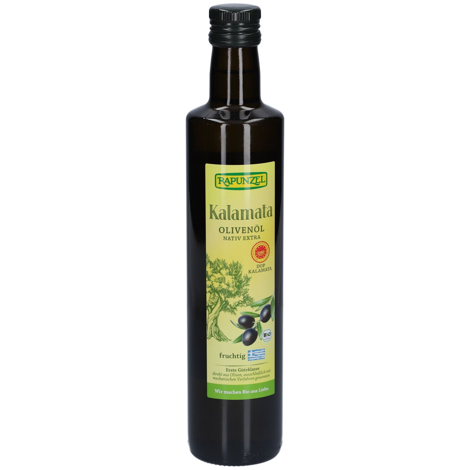 Grüne Glasflasche mit Etikett. Aufschrift: Rapunzel Kalamata Olivenöl nativ extra. Abbildung von Oliven.