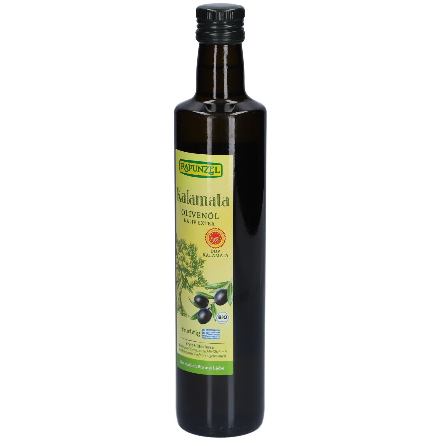 Grüne Glasflasche mit Etikett. Aufschrift: Rapunzel Kalamata Olivenöl nativ extra. Abbildung von Oliven.