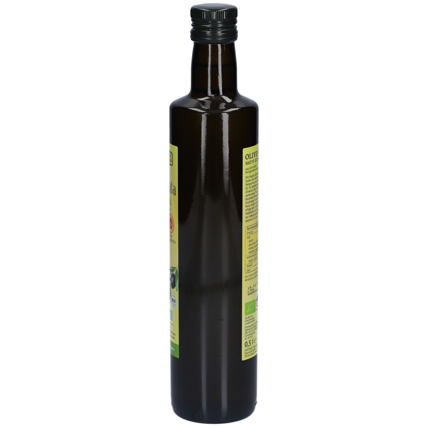 Grüne Glasflasche mit Etikett. Seitenansicht. Aufschrift: Rapunzel Olivenöl nativ extra.