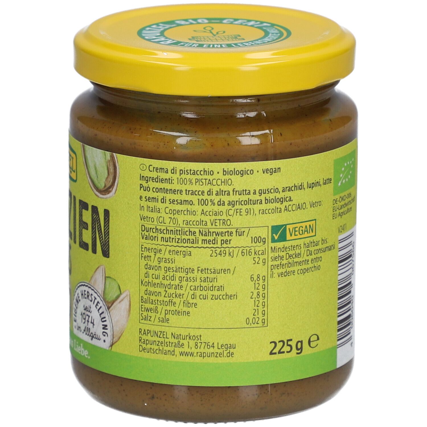 Glas Rapunzel Pistazienmus. Gelber Deckel, grüne Rückseite mit Text, Nährwertangaben und vegan-Siegel. 225g.
