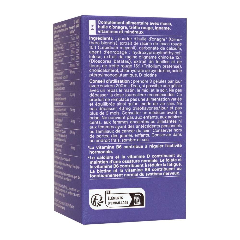 Rückseite einer lila Schachtel mit nu3 Meno Balance. Text in französischer Sprache mit Inhaltsstoffen und Anwendungshinweisen.