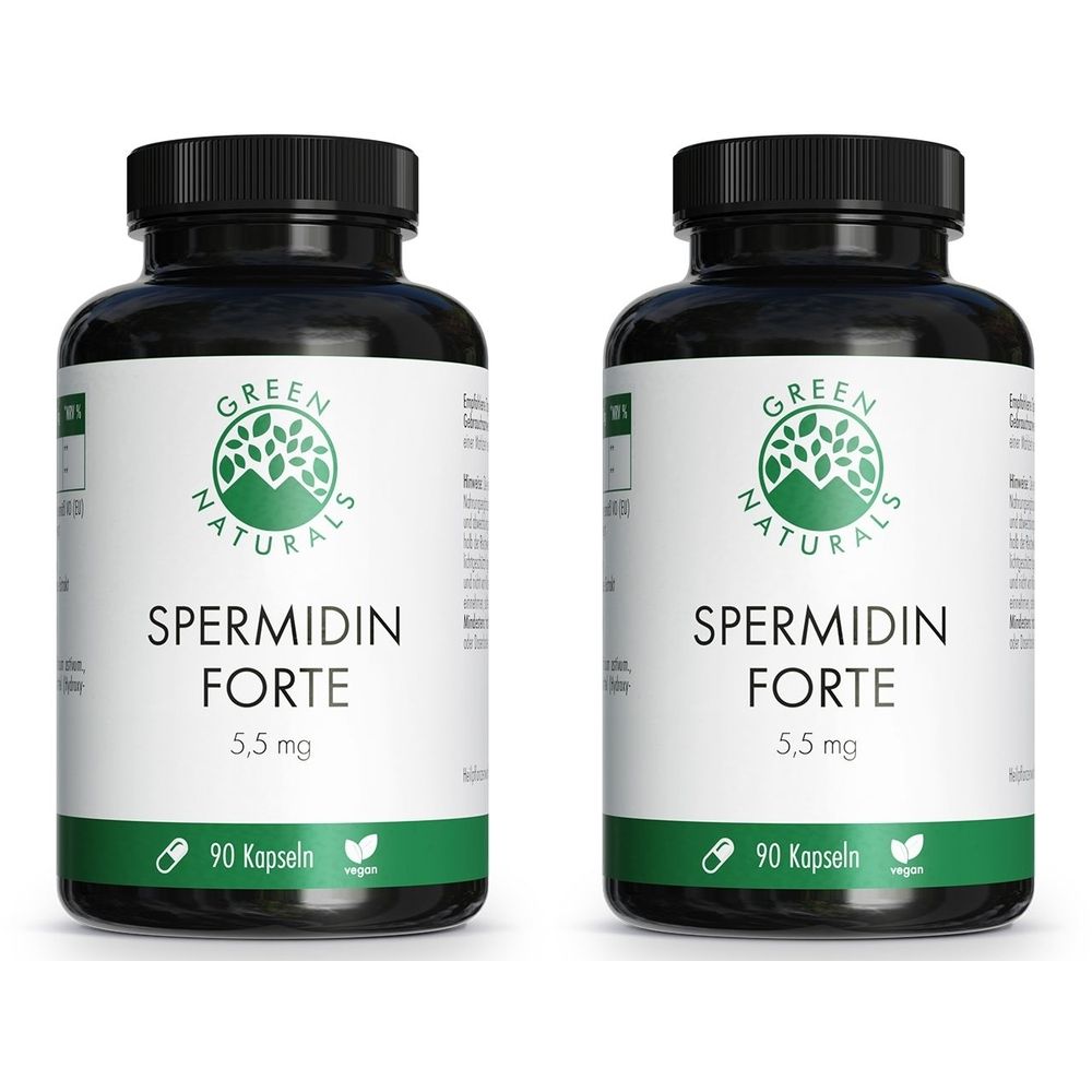 Zwei schwarze Flaschen mit Etiketten. Auf den Etiketten steht "GREEN NATURALS SPERMIDIN FORTE 5,5 mg" und "90 Kapseln".