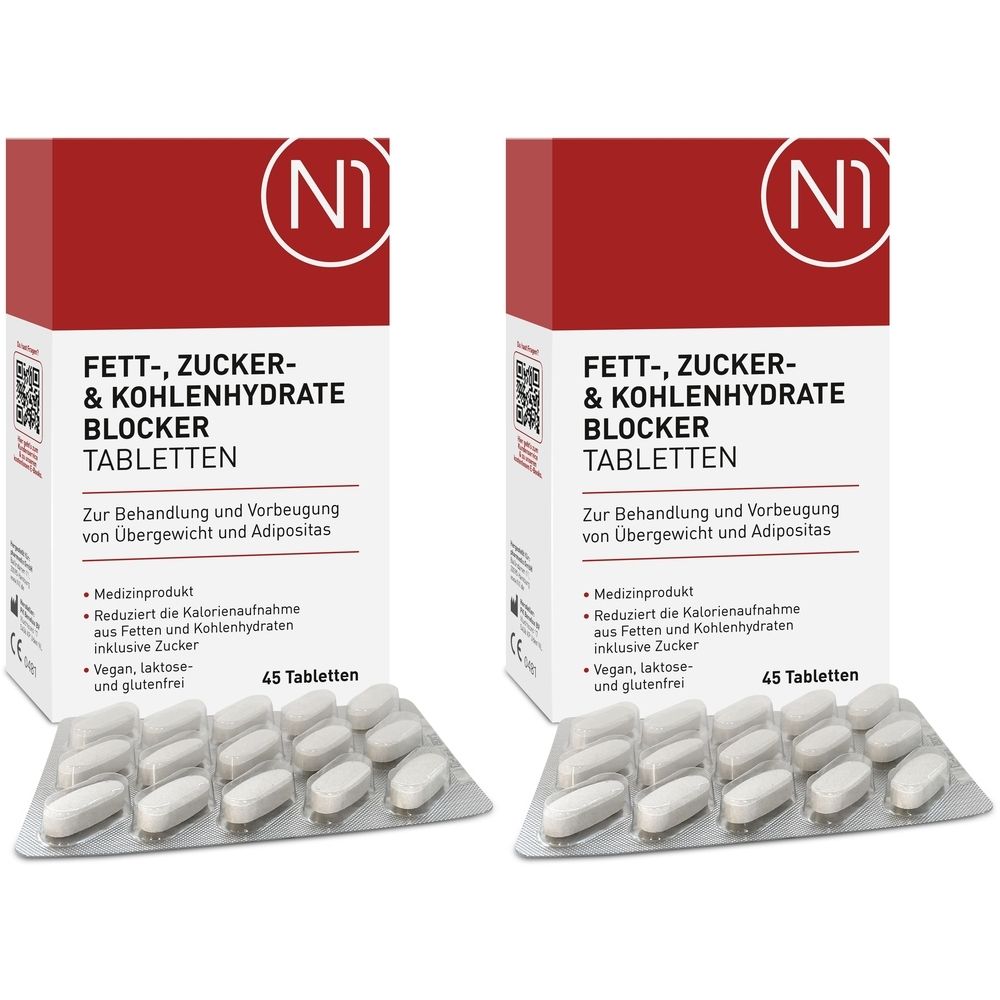 Zwei Packungen Tabletten. Aufschrift: Fett-, Zucker- & Kohlenhydrate Blocker. 45 Tabletten. Medizinprodukt. Vegan, laktose- und glutenfrei.