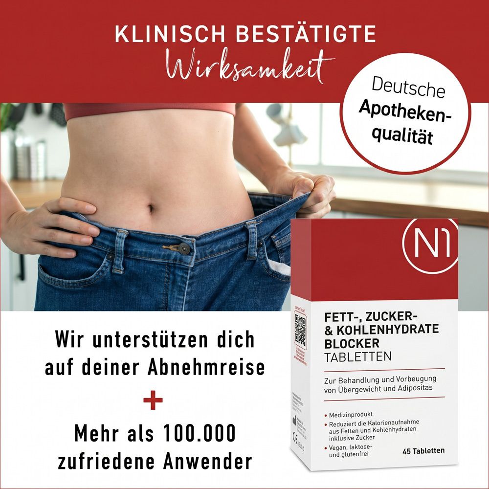 Frau hält zu weite Jeans, Packung N1 Fettblocker, klinisch bestätigte Wirksamkeit.